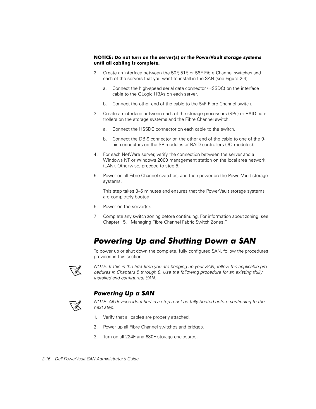 Dell 650F, 651F manual Powering Up and Shutting Down a SAN, Powering Up a SAN 