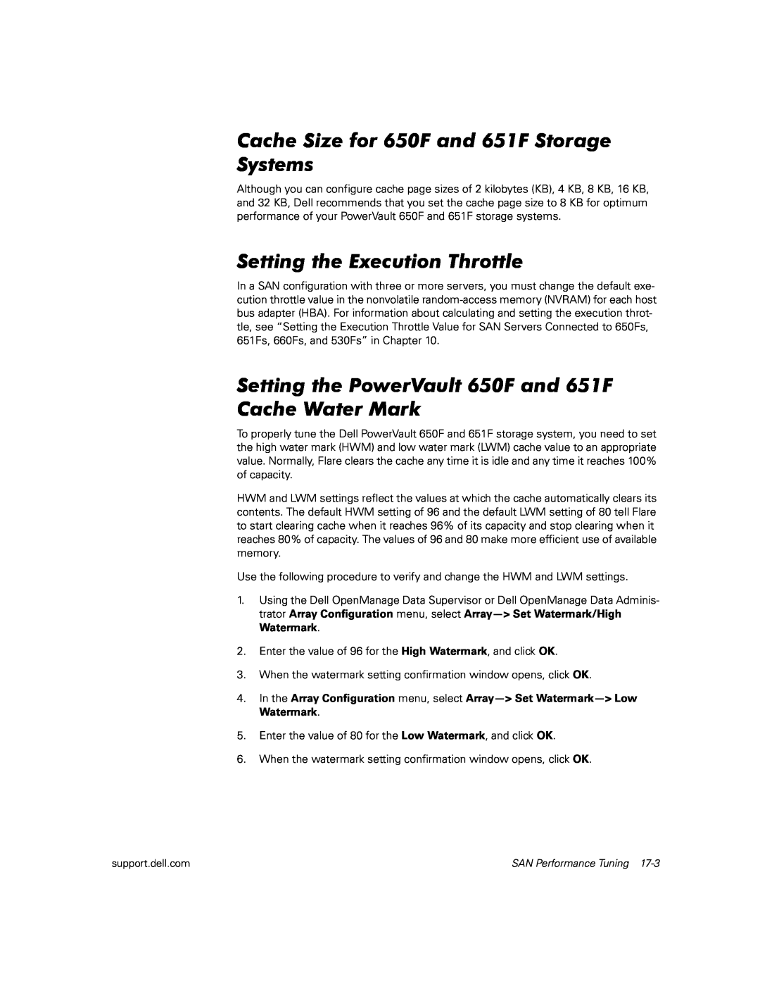 Dell manual Cache Size for 650F and 651F Storage Systems, Setting the Execution Throttle 