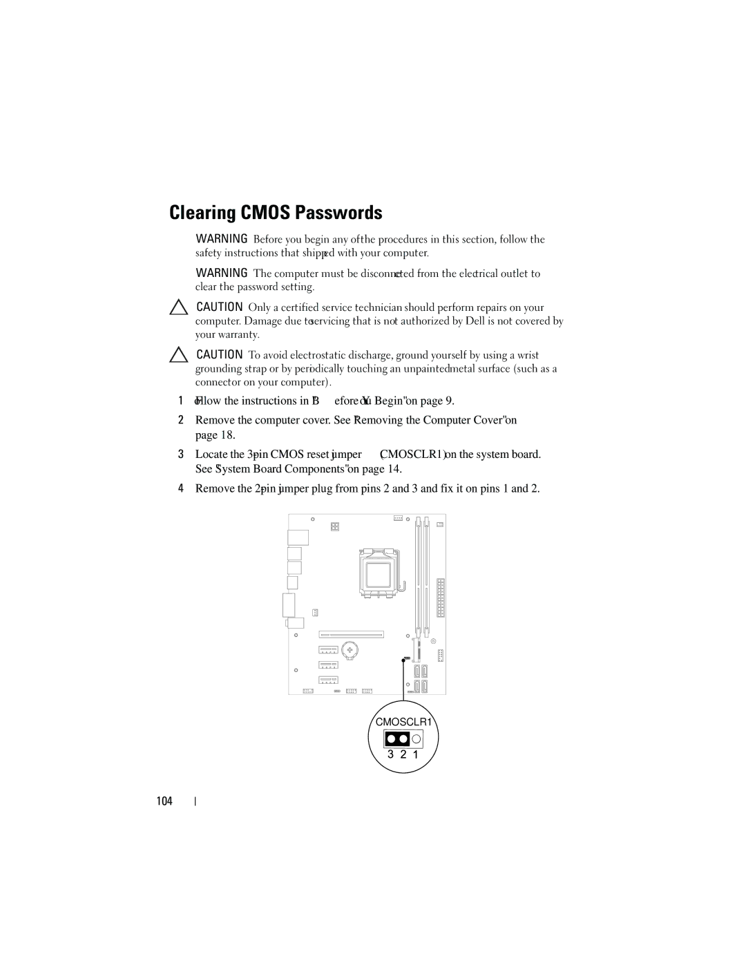 Dell D11M002, 660 owner manual Clearing Cmos Passwords, 104 