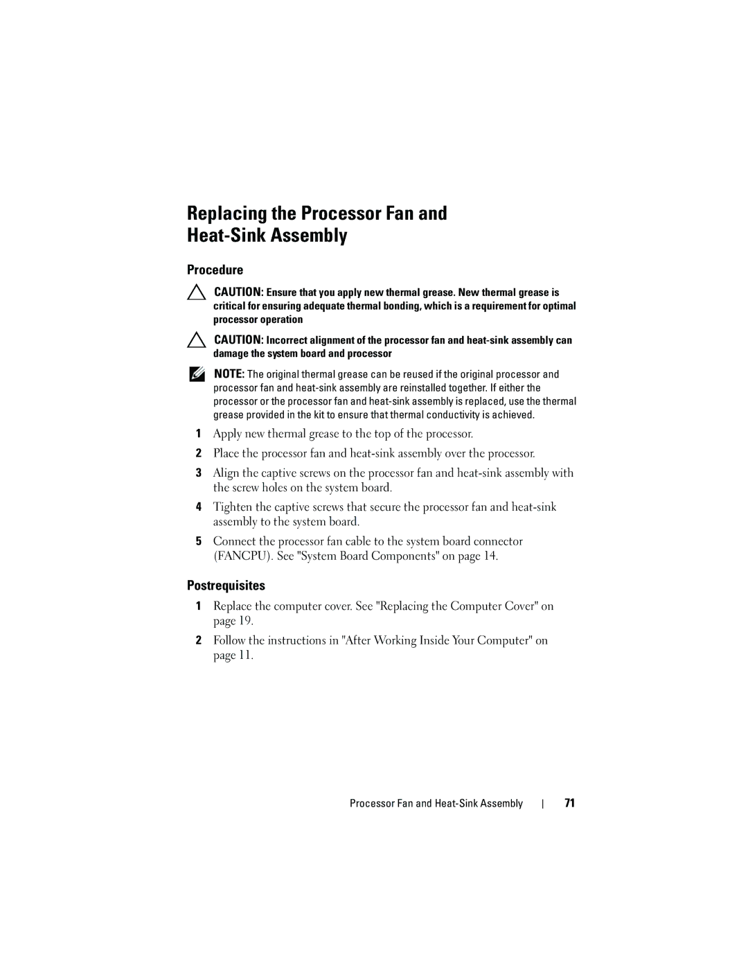 Dell D11M002, 660 owner manual Replacing the Processor Fan Heat-Sink Assembly 