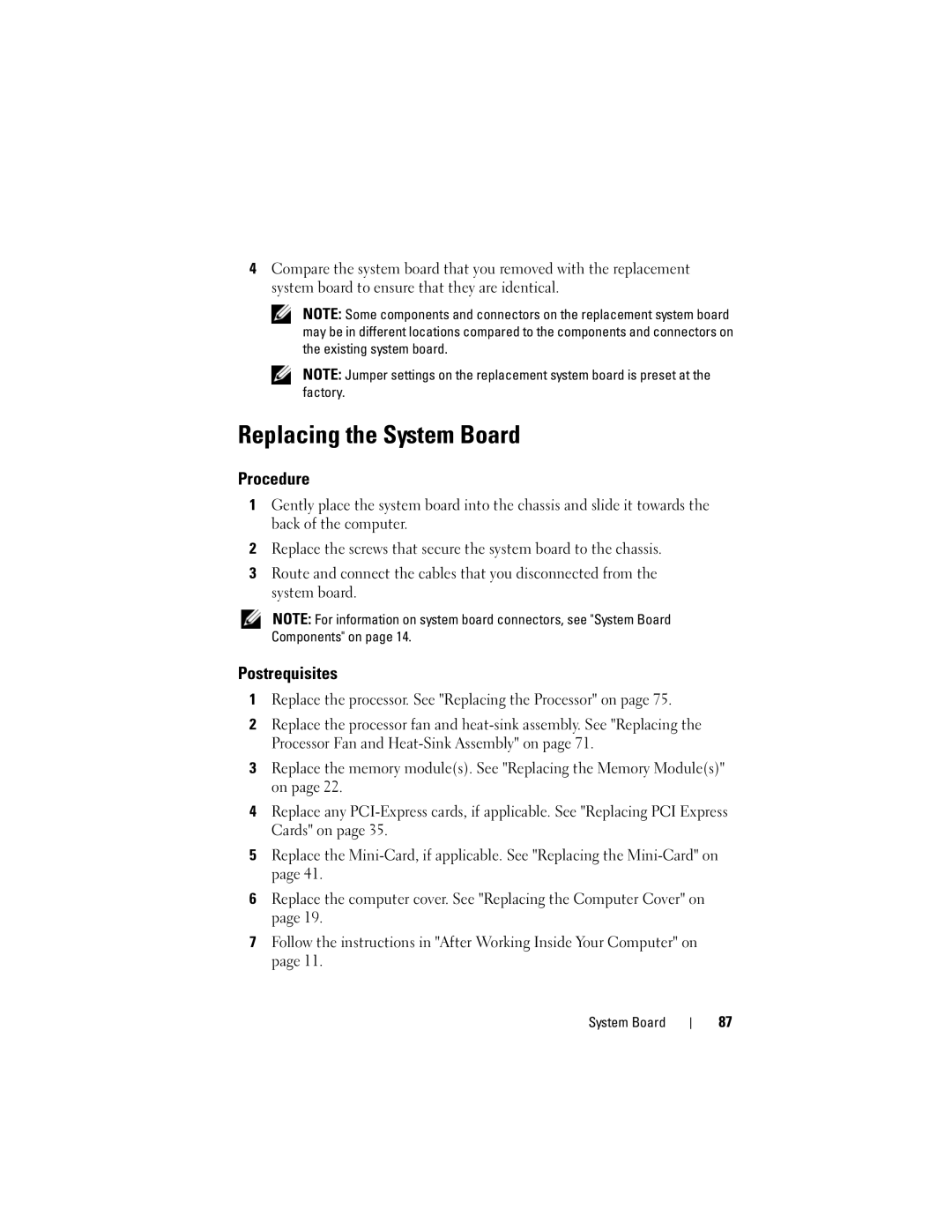 Dell 660, D11M002 owner manual Replacing the System Board 