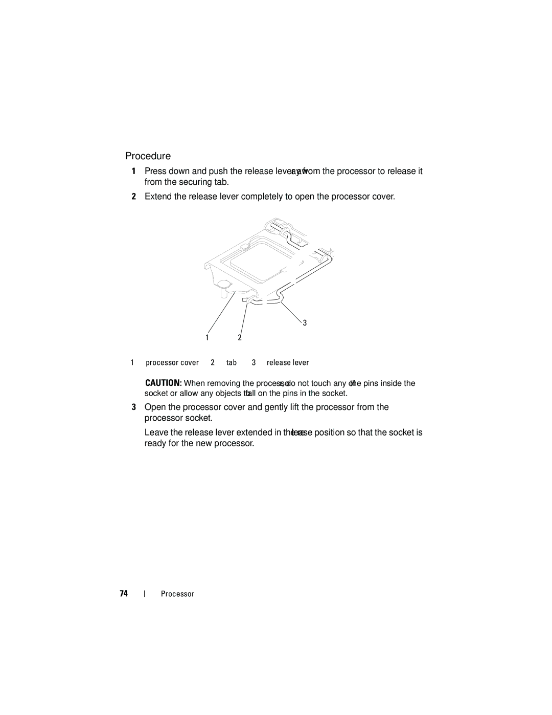 Dell 660 owner manual Processor cover Tab Release lever 