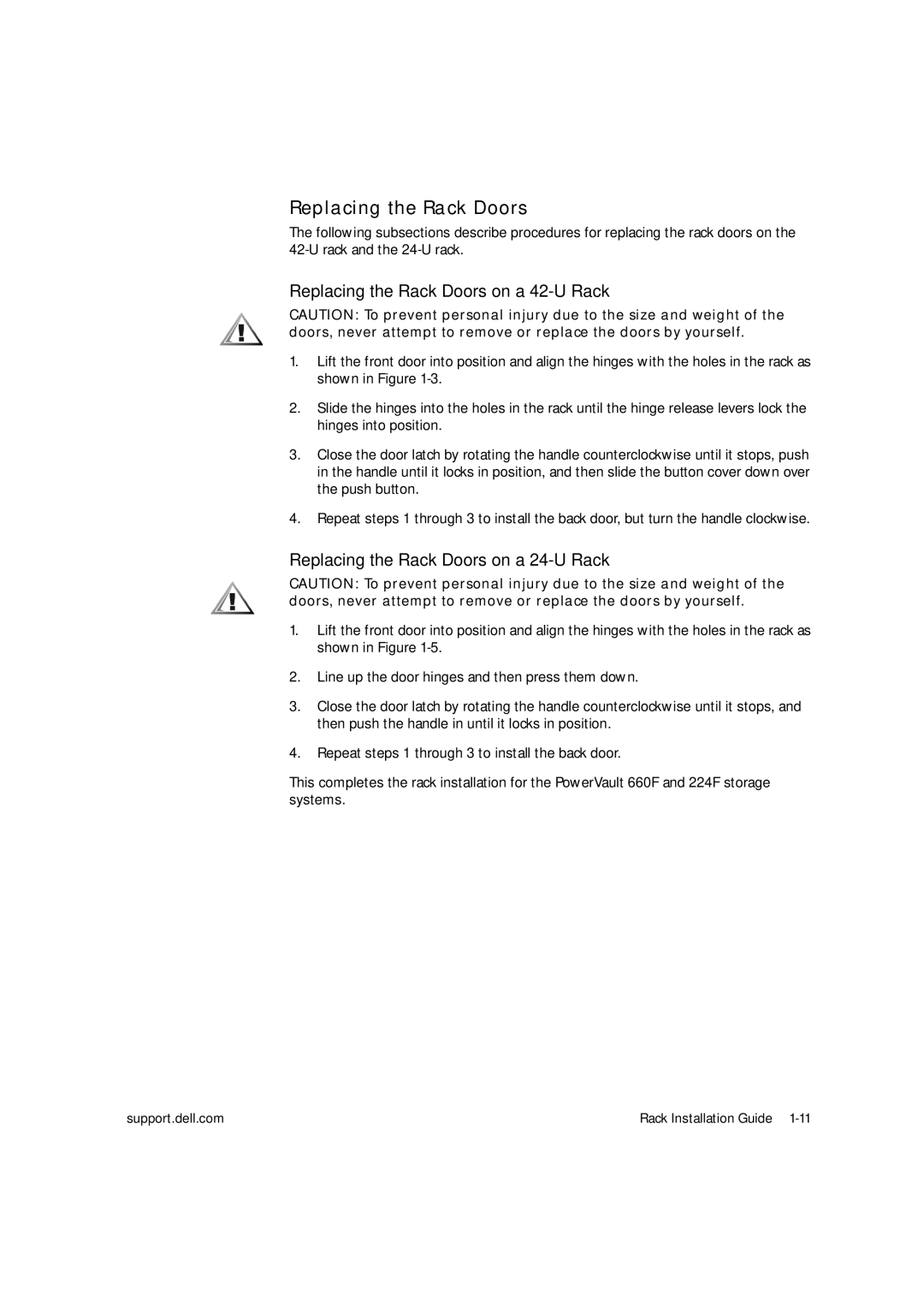 Dell 660F. 224F manual Replacing the Rack Doors on a 42-U Rack 