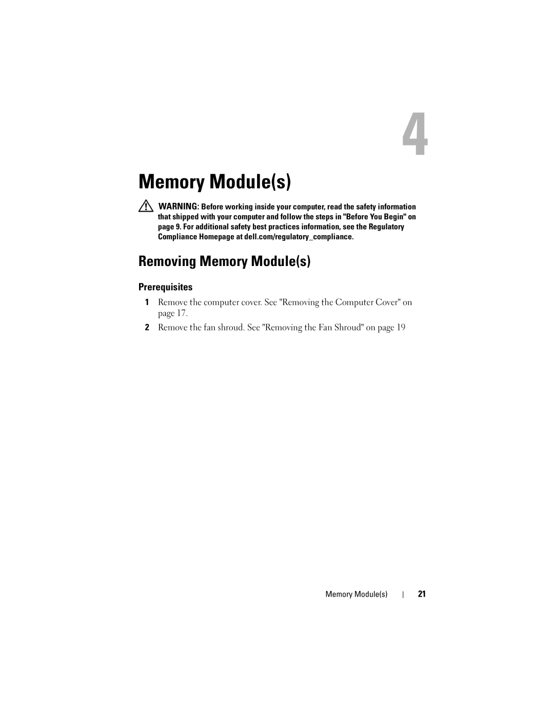 Dell 660S manual Removing Memory Modules 