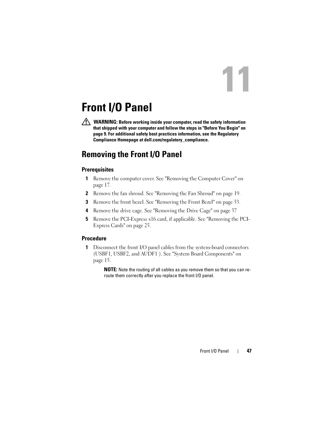 Dell 660S manual Removing the Front I/O Panel 