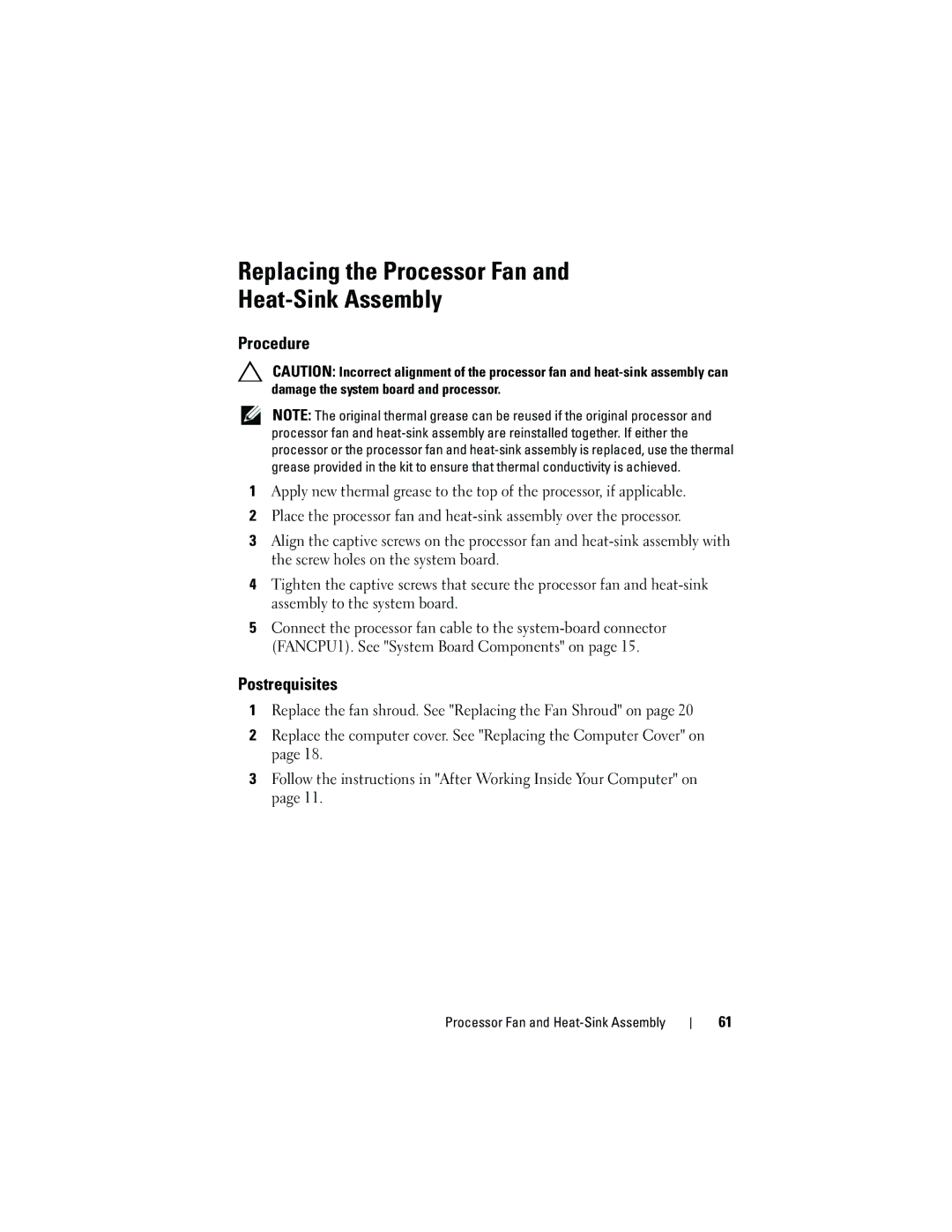 Dell 660S manual Replacing the Processor Fan Heat-Sink Assembly 