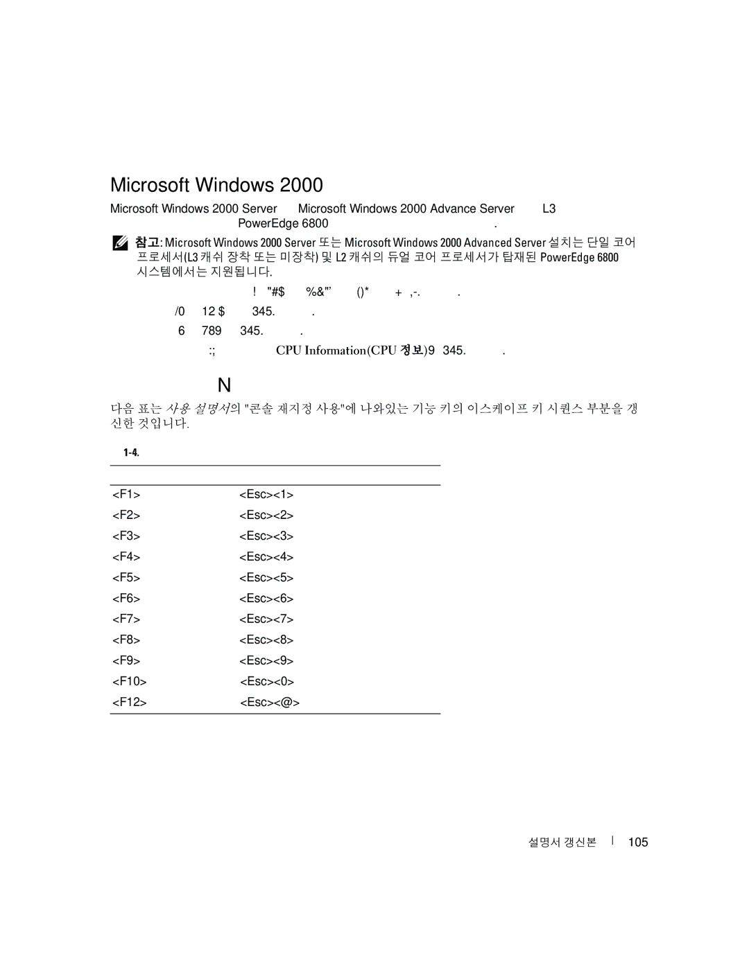 Dell 6800 manual Microsoft Windows 2000 설치, 콘솔 재지정 N 이스케이프 키 시퀀스 