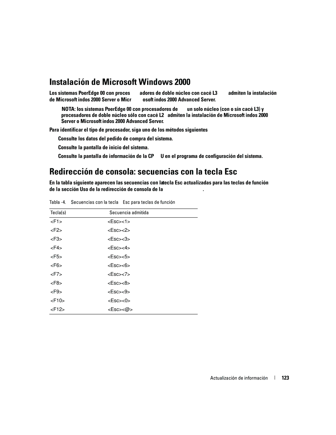 Dell 6800 manual Instalación de Microsoft Windows, Redirección de consola secuencias con la tecla Esc 