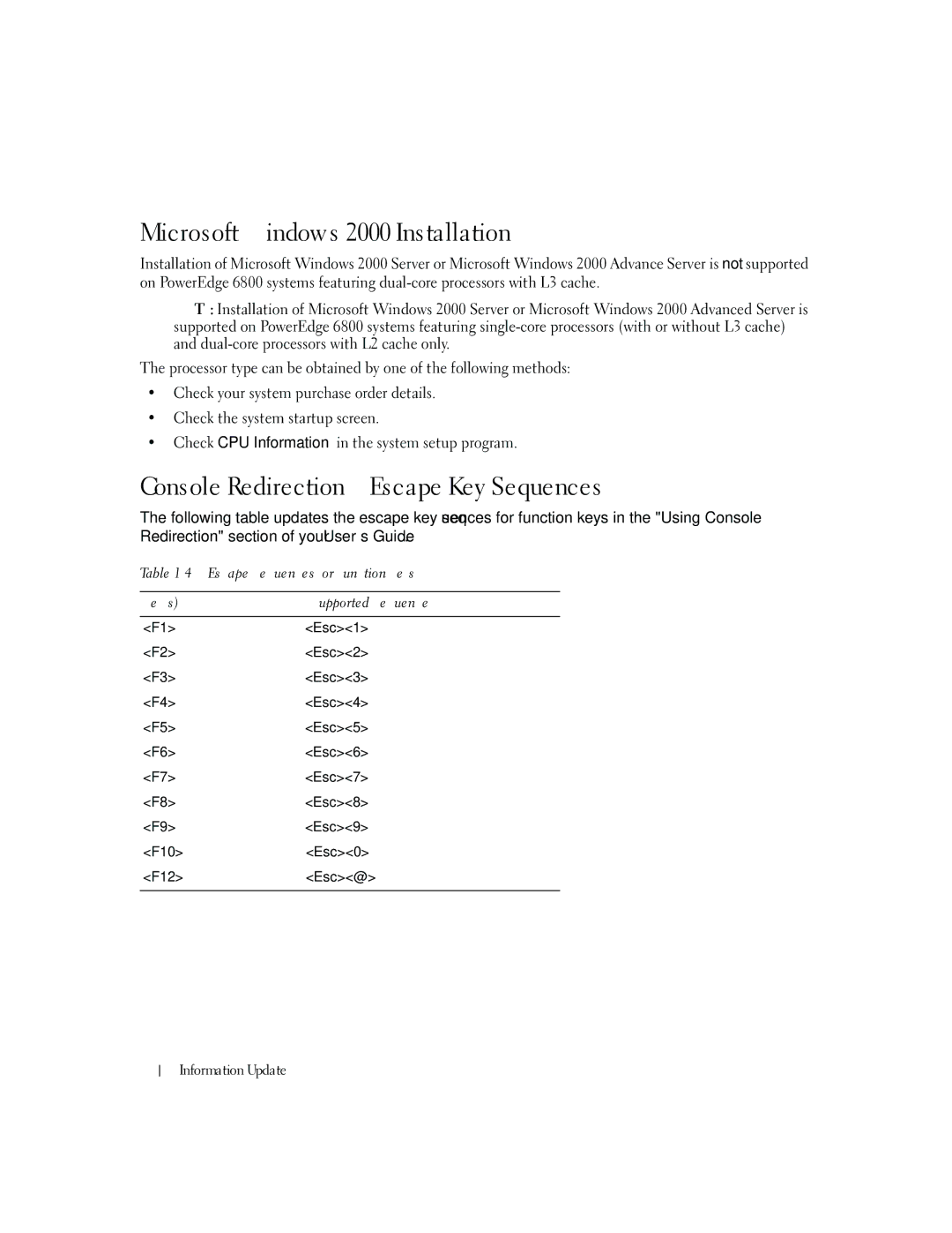 Dell 6800 manual Microsoft Windows 2000 Installation, Console Redirection-Escape Key Sequences 