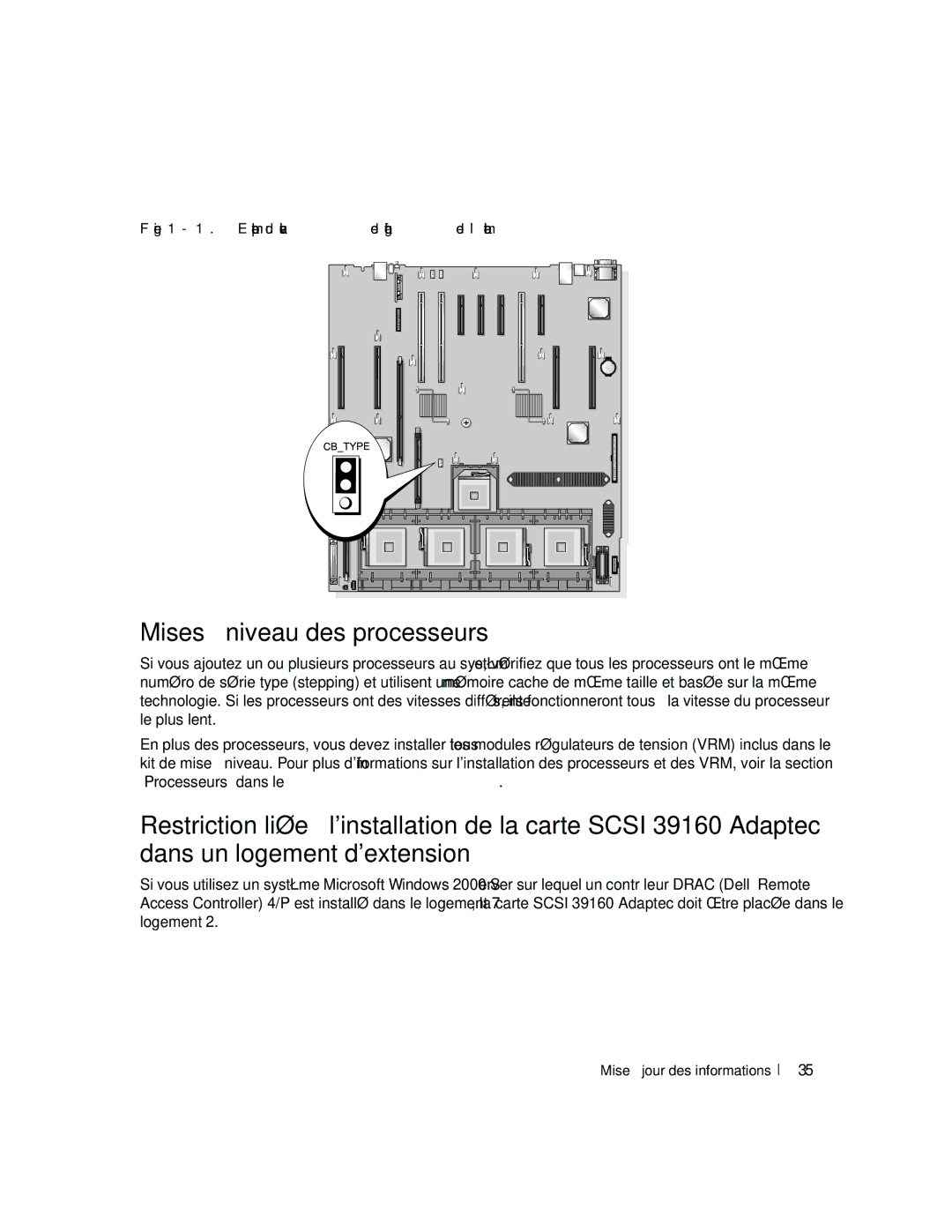 Dell 6800 manual Mises à niveau des processeurs, Emplacement du cavalier de configuration de lalimentation 