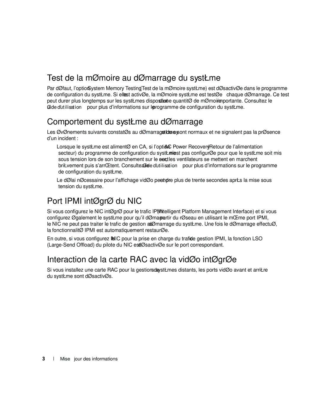 Dell 6800 manual Test de la mémoire au démarrage du système, Comportement du système au démarrage, Port Ipmi intégré du NIC 