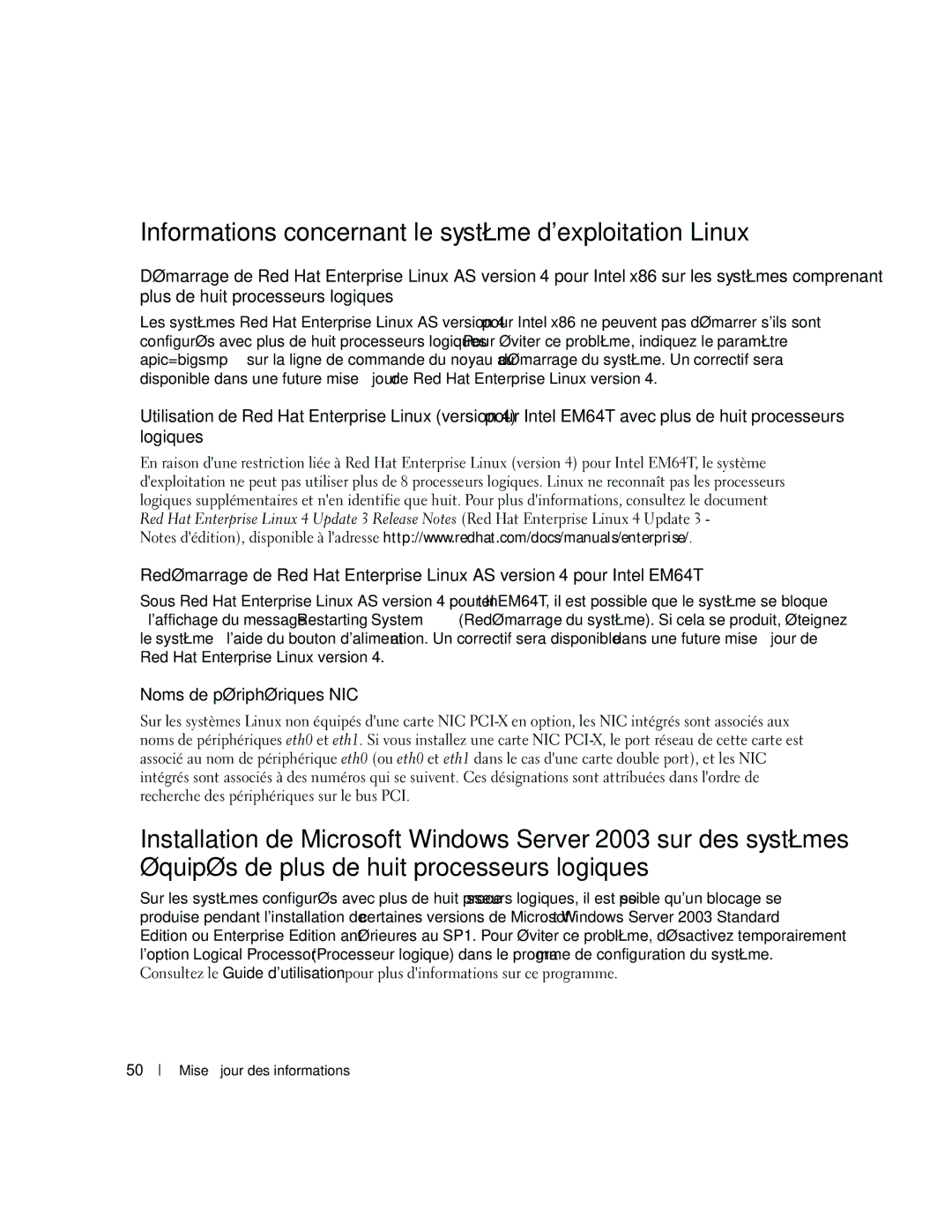 Dell 6800 manual Informations concernant le système dexploitation Linux, Noms de périphériques NIC 