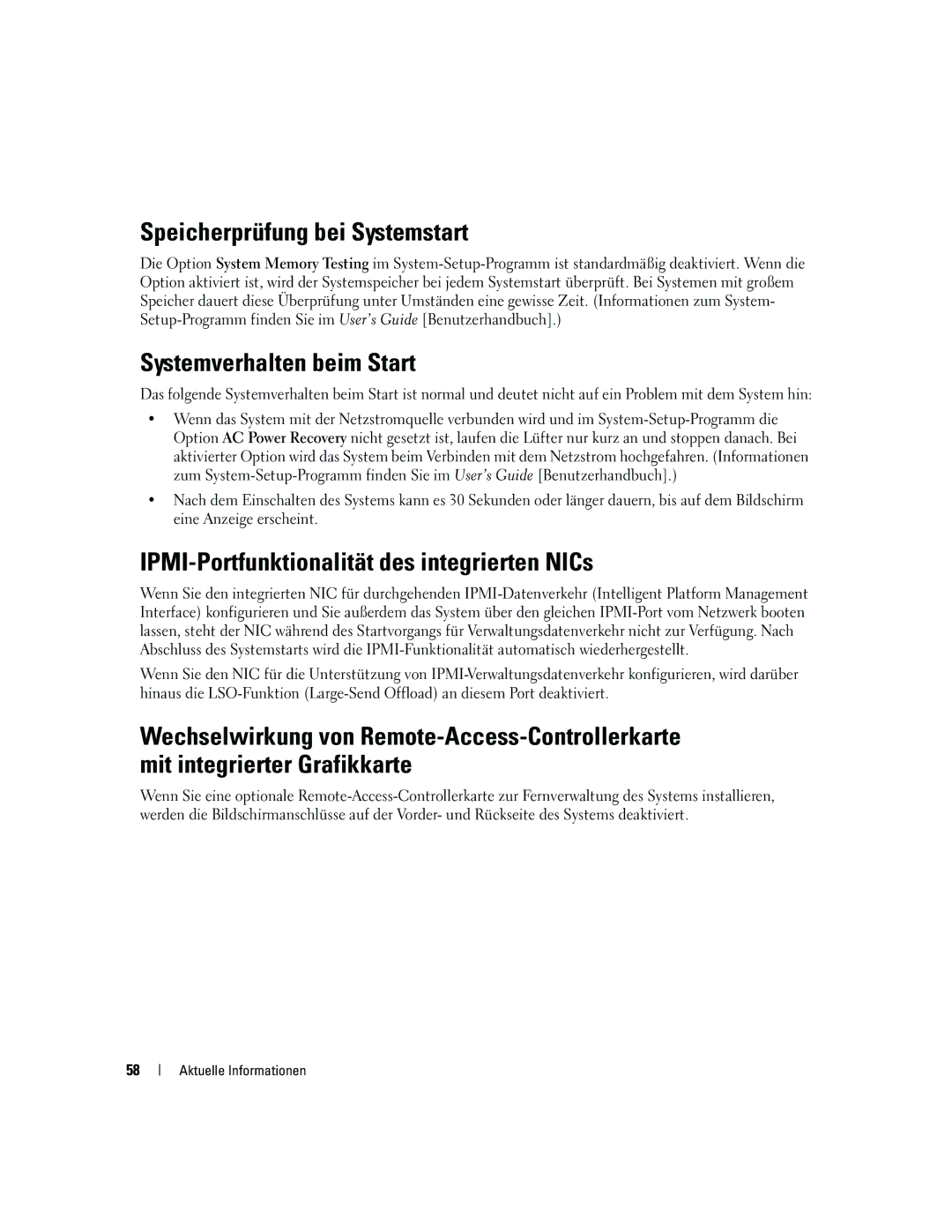 Dell 6800 manual Speicherprüfung bei Systemstart, Systemverhalten beim Start, IPMI-Portfunktionalität des integrierten NICs 