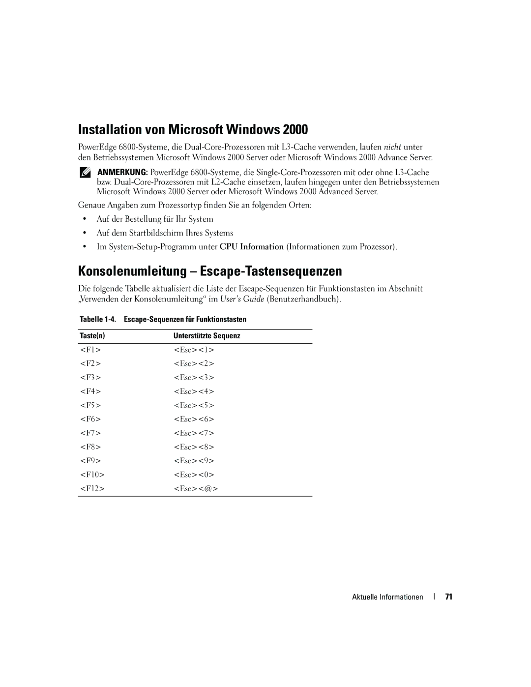 Dell 6800 manual Installation von Microsoft Windows, Konsolenumleitung Escape-Tastensequenzen 