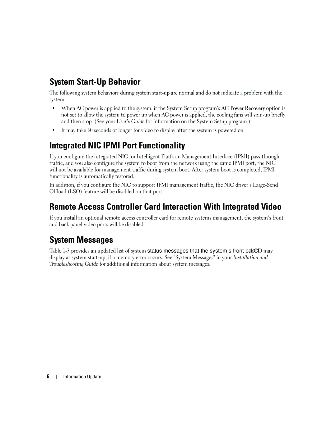 Dell 6800 manual System Start-Up Behavior, Integrated NIC Ipmi Port Functionality, System Messages 