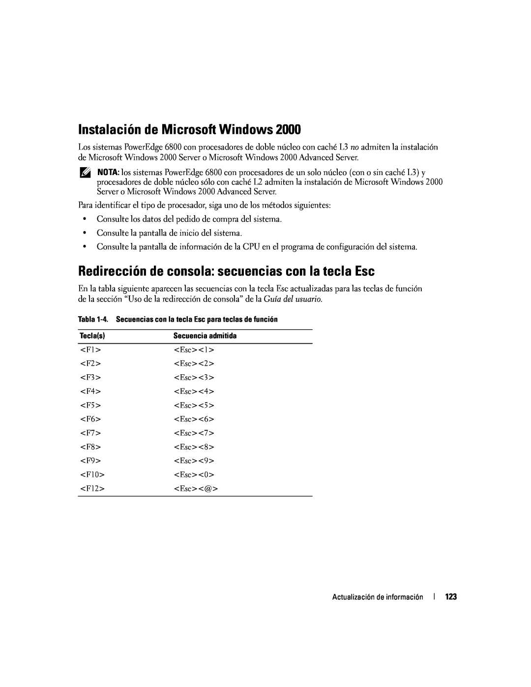 Dell 6800 manual Instalación de Microsoft Windows, Redirección de consola secuencias con la tecla Esc 
