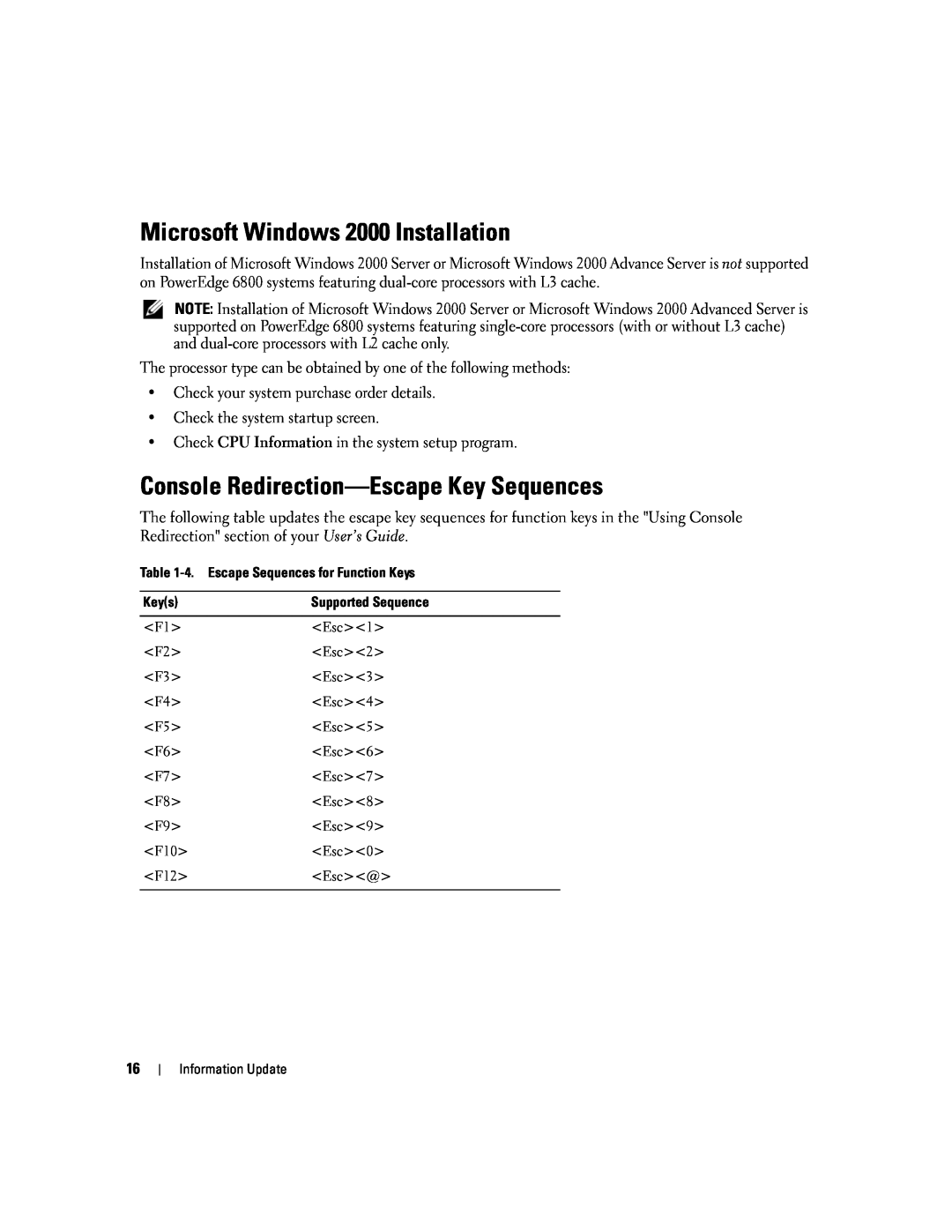 Dell 6800 manual Microsoft Windows 2000 Installation, Console Redirection-Escape Key Sequences 