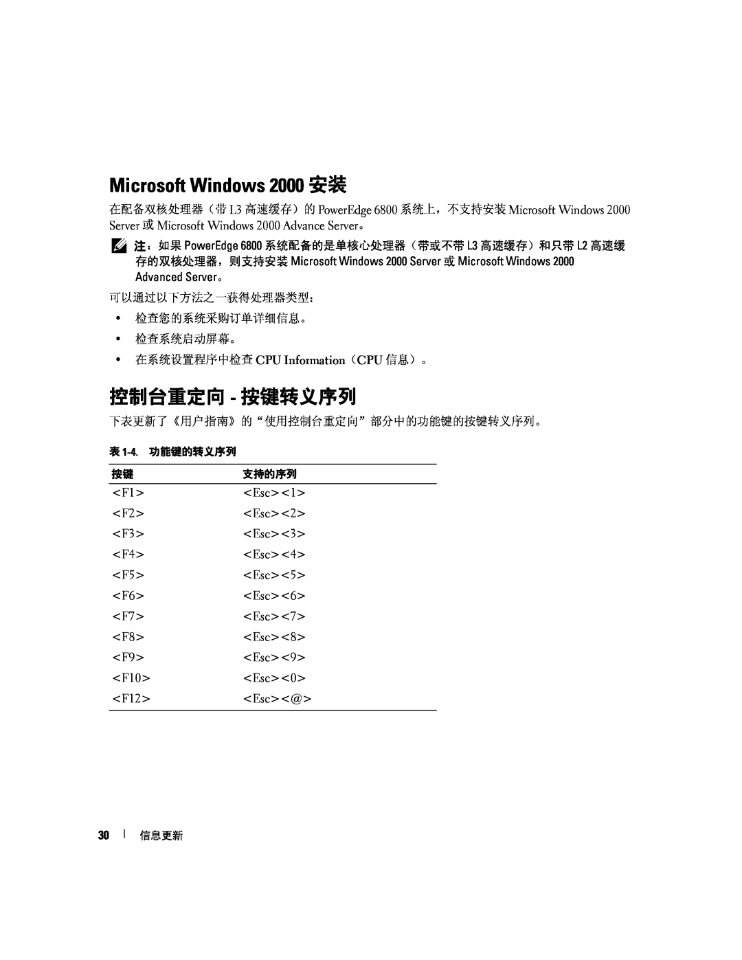 Dell 6800 manual Microsoft Windows 2000 安装, 控制台重定向 - 按键转义序列 