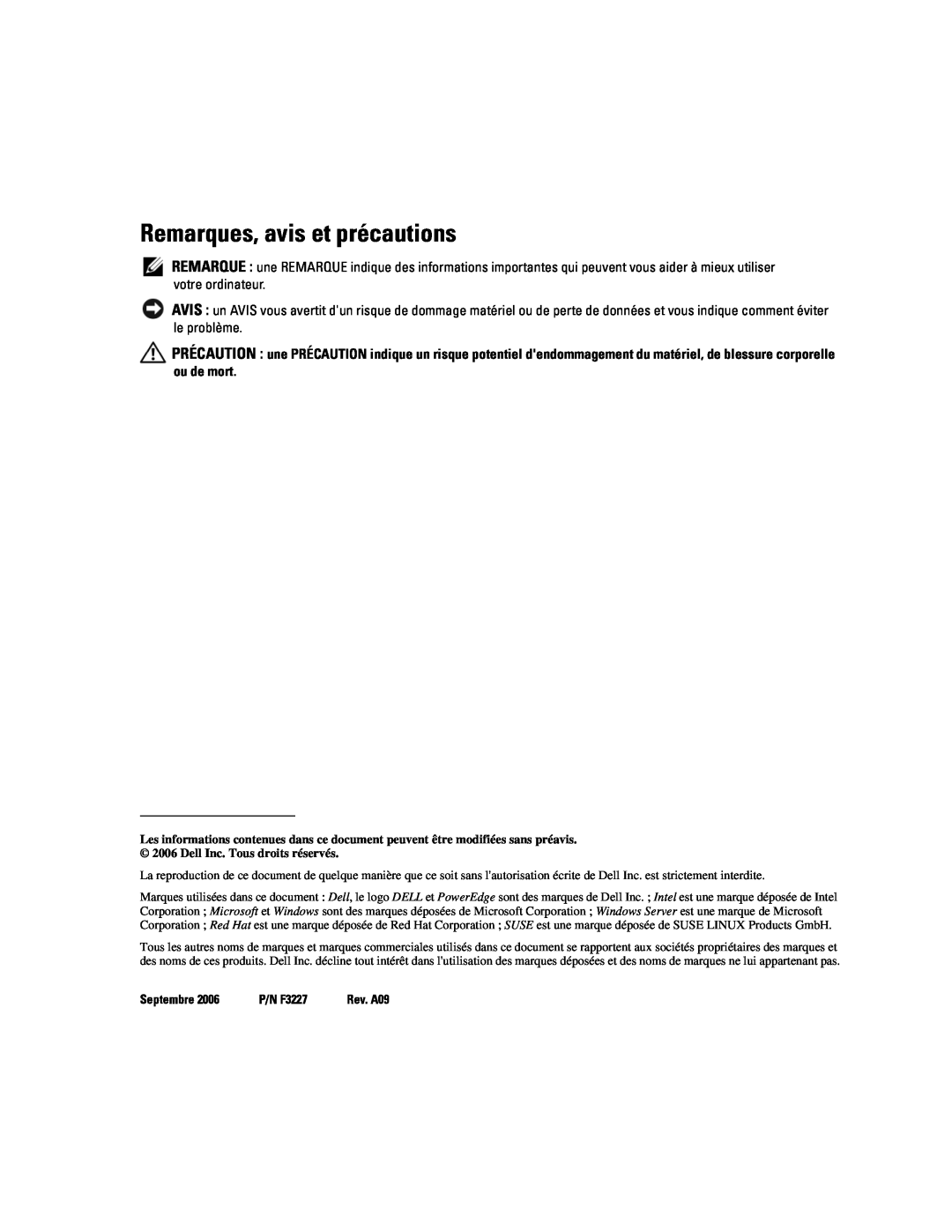 Dell 6800 manual Remarques, avis et précautions 