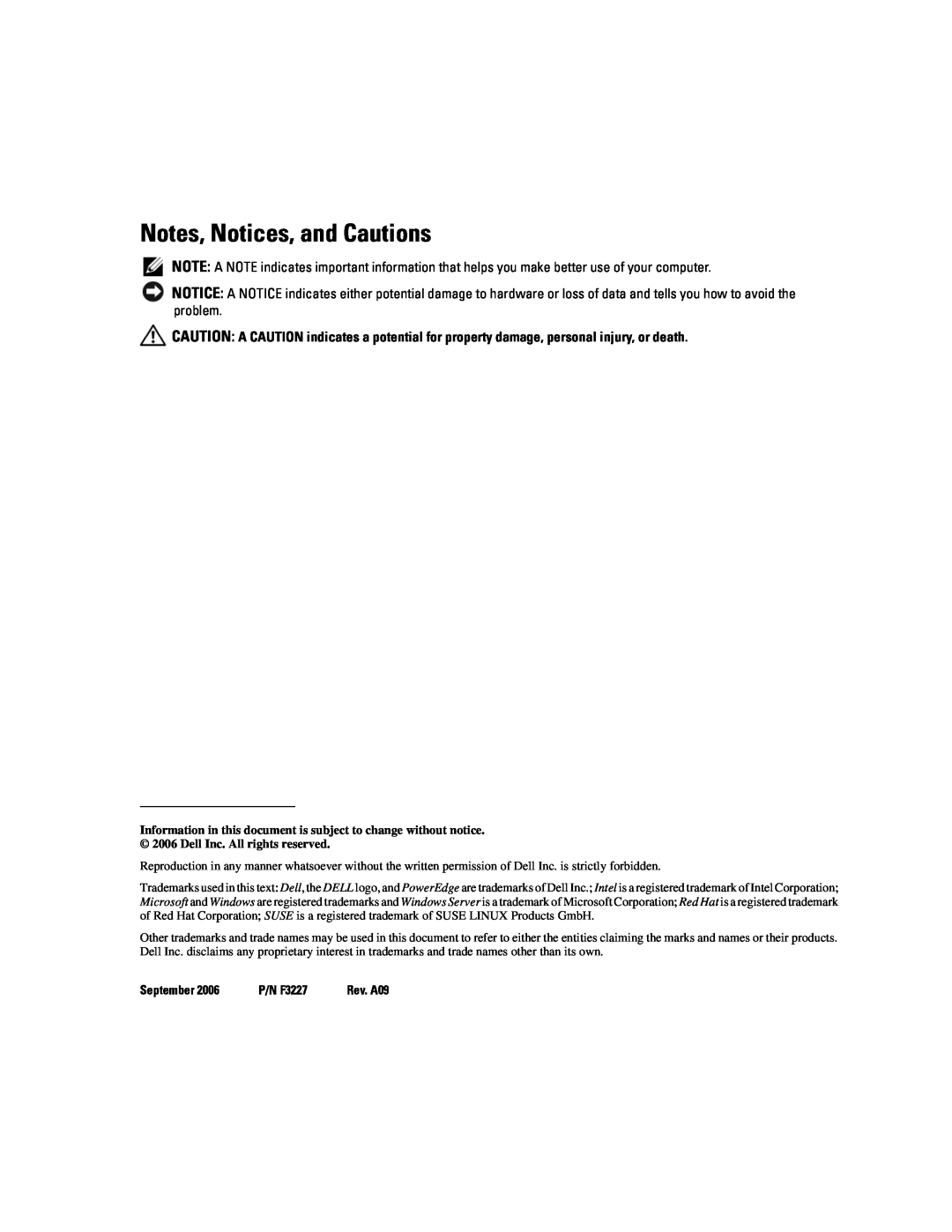 Dell 6800 manual Notes, Notices, and Cautions, September, P/N F3227 