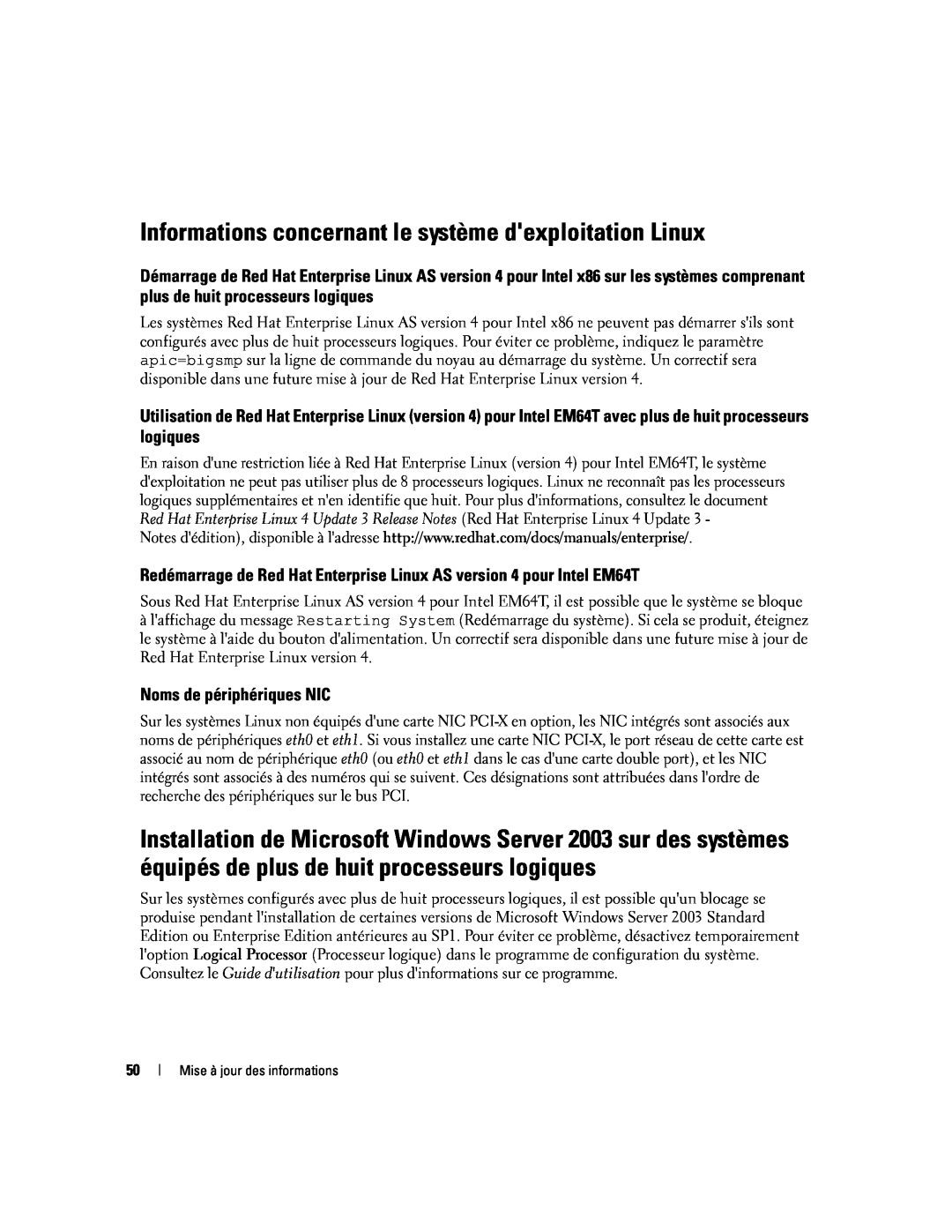 Dell 6800 manual Informations concernant le système dexploitation Linux, Noms de périphériques NIC 