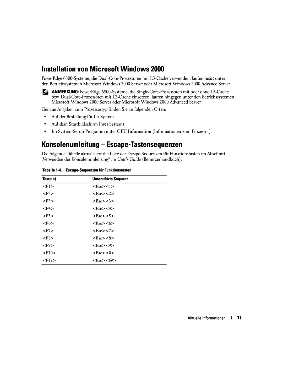 Dell 6800 manual Installation von Microsoft Windows, Konsolenumleitung - Escape-Tastensequenzen 
