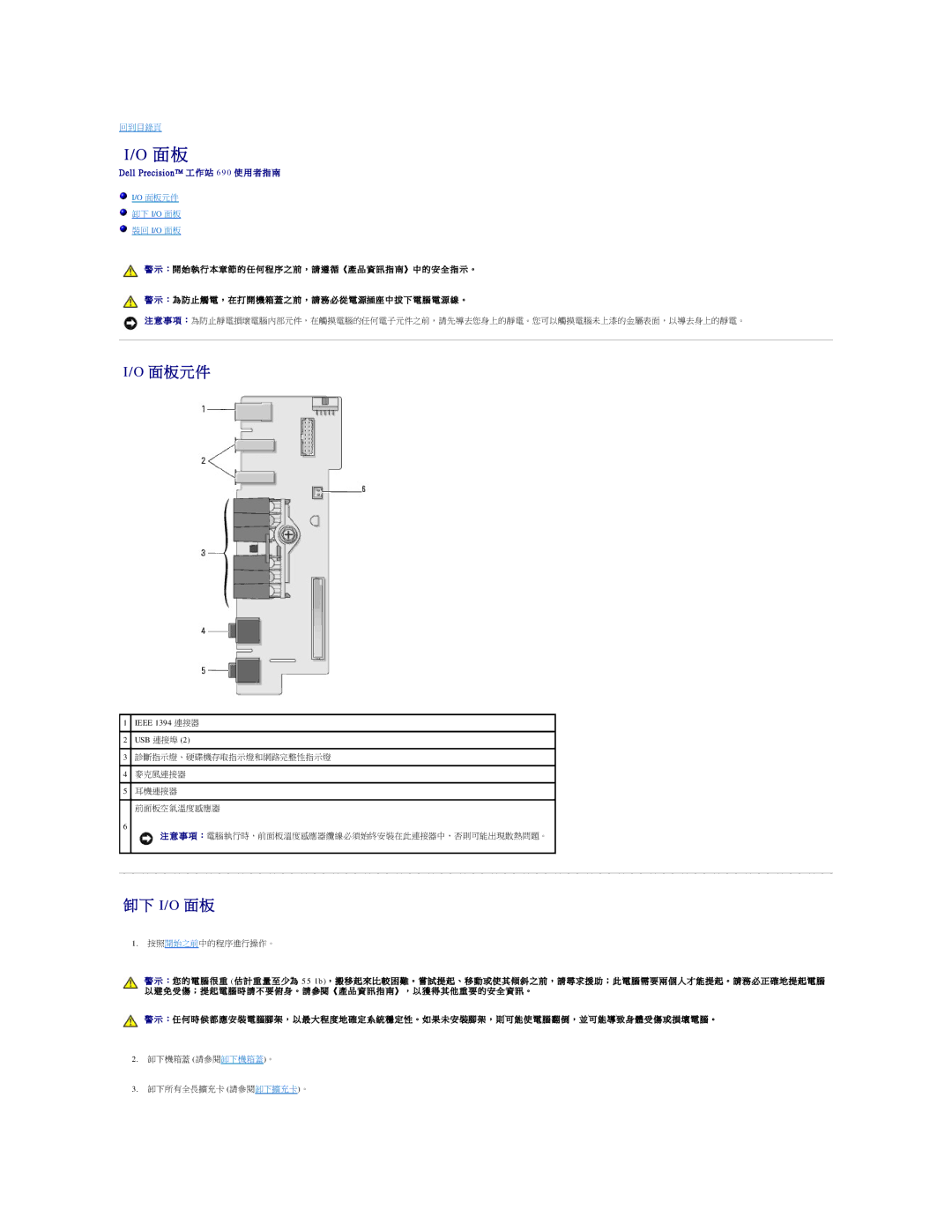 Dell 690 manual 面 板 元 件, I/O 面 板, Ieee 1394 連接器 USB 連接埠 