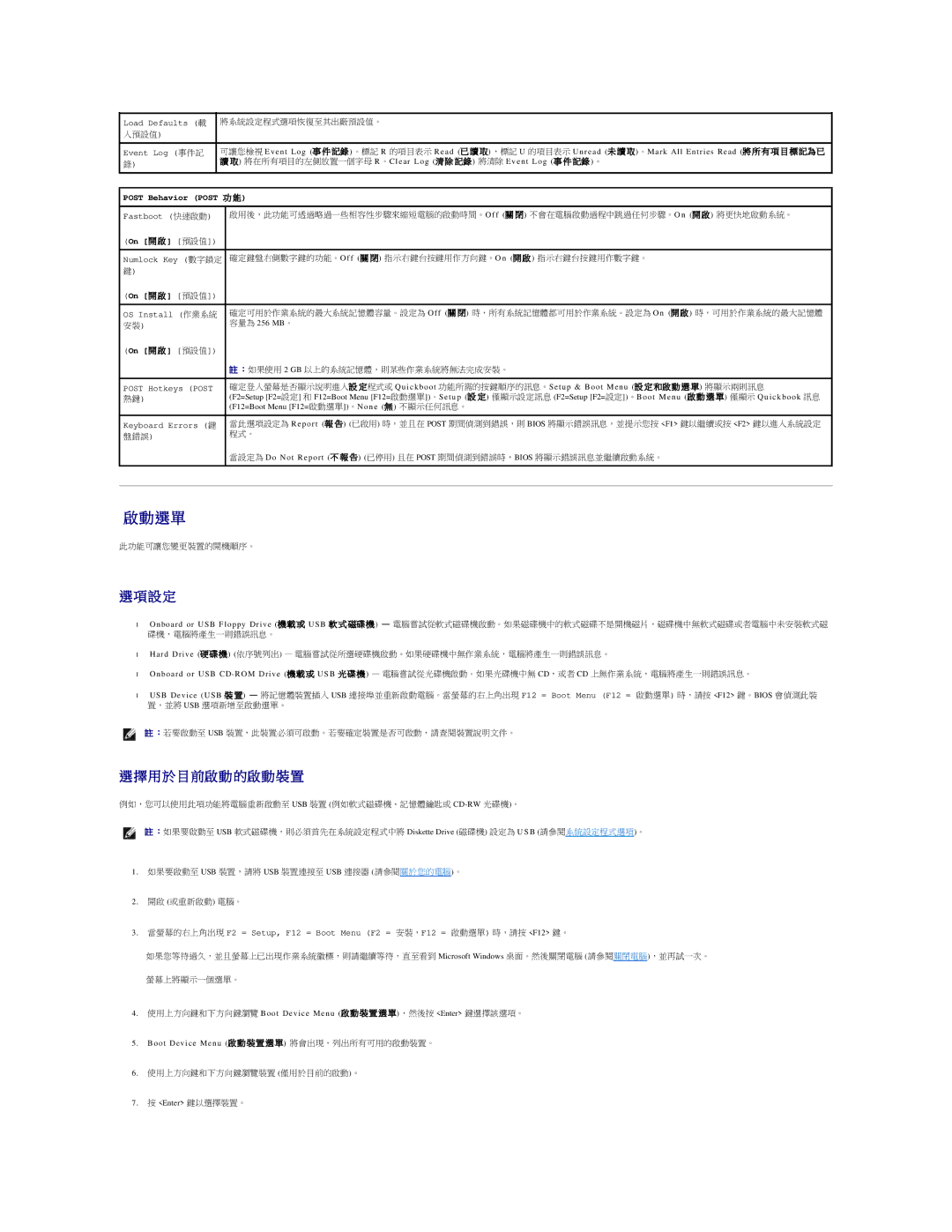 Dell 690 將在所有項目的左側放置一個字母 R 。Clear Log 清 除 記錄 將清除 Event Log 事 件 記錄 。, 容量為 256 MB。, F12=Boot Menu F12=啟動選單。None 無 不顯示任何訊息。 