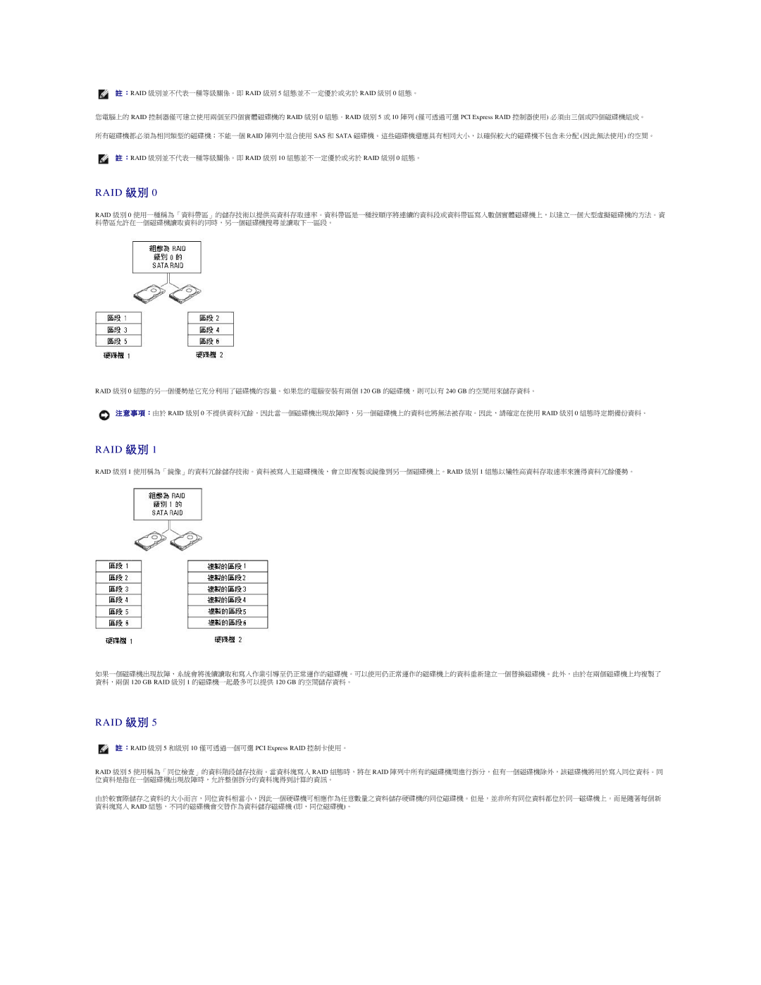 Dell 690 manual Raid 級 別, ：RAID 級別 5 和級別 10 僅可透過一個可選 PCI Express RAID 控制卡使用。 