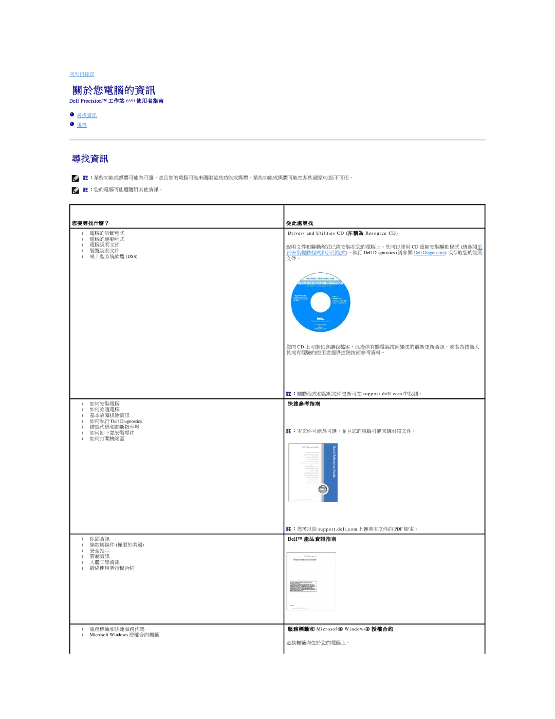 Dell 690 manual 於您電 腦 的 資 訊, Drivers and Utilities CD 亦 稱為 Resource CD, ：驅動程式和說明文件更新可在 support . dell . com 中找到。 