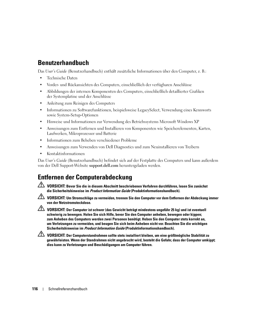 Dell 690 manual Benutzerhandbuch, Entfernen der Computerabdeckung, 116 