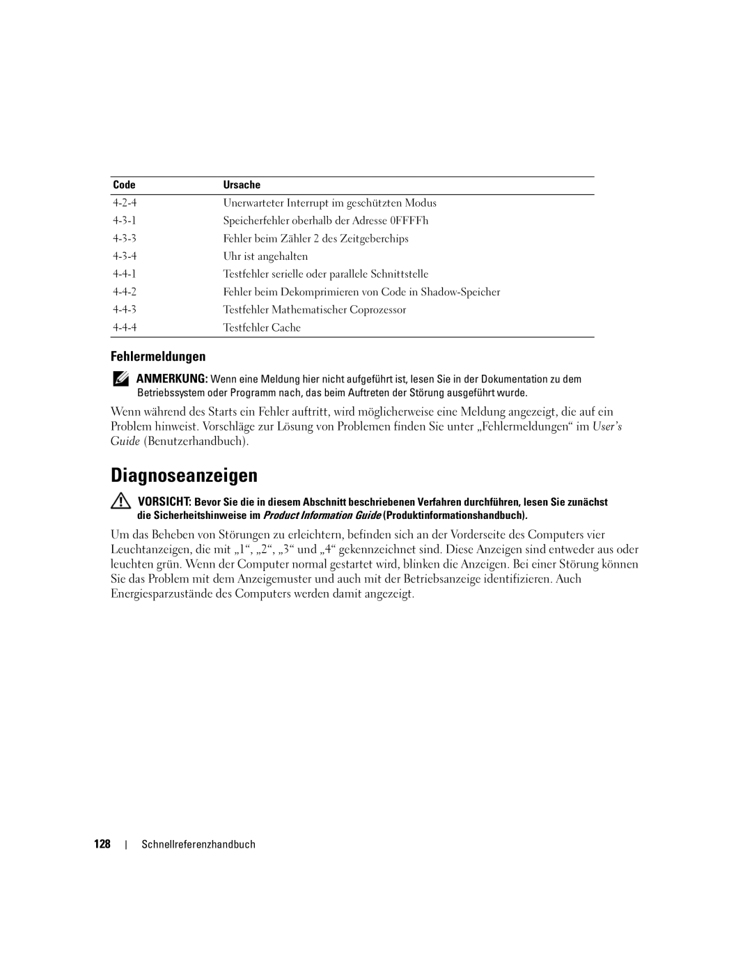 Dell 690 manual Diagnoseanzeigen, Fehlermeldungen, 128 