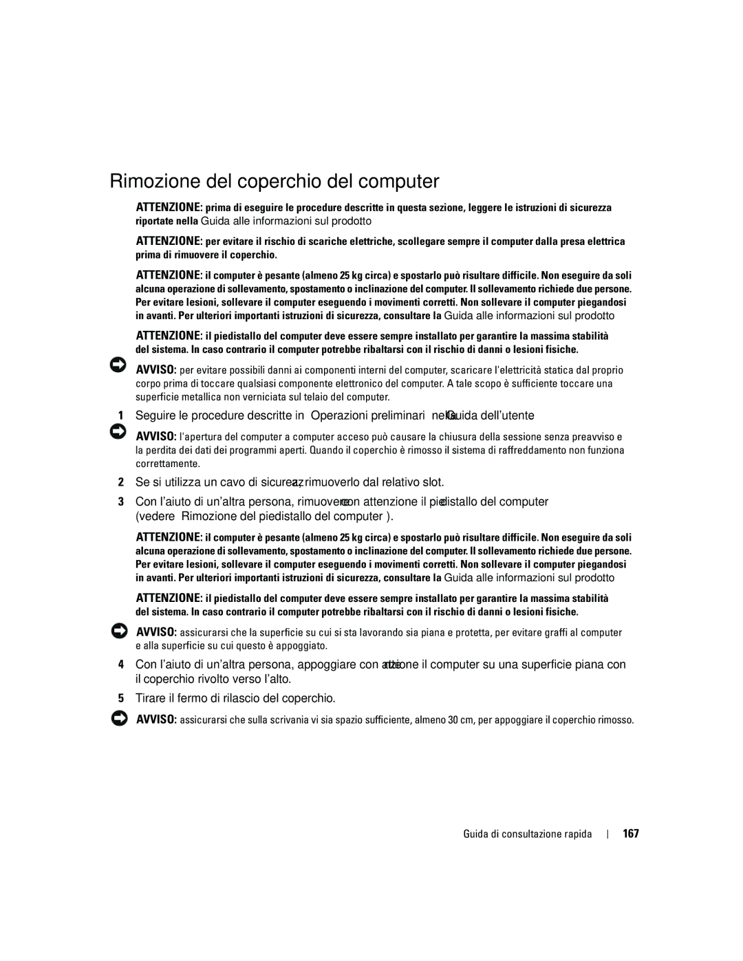 Dell 690 manual Rimozione del coperchio del computer, 167 