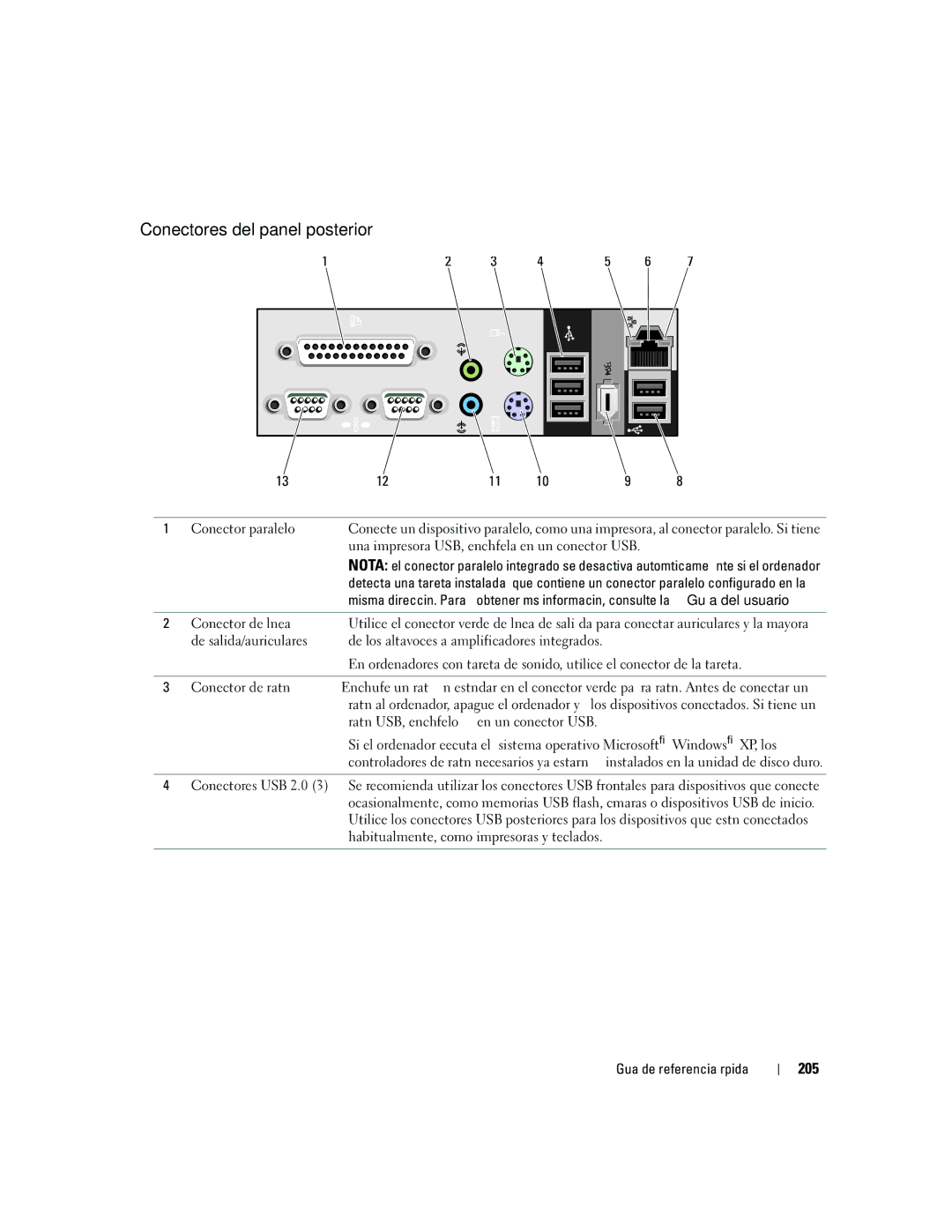 Dell 690 manual Conectores del panel posterior, 205 