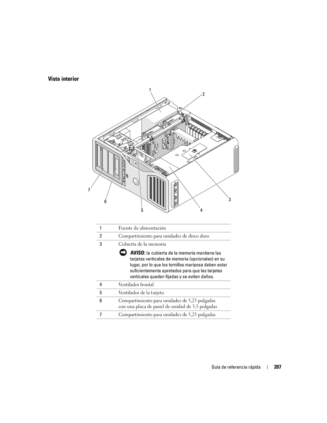 Dell 690 manual Vista interior, 207, Ventilador frontal Ventilador de la tarjeta 