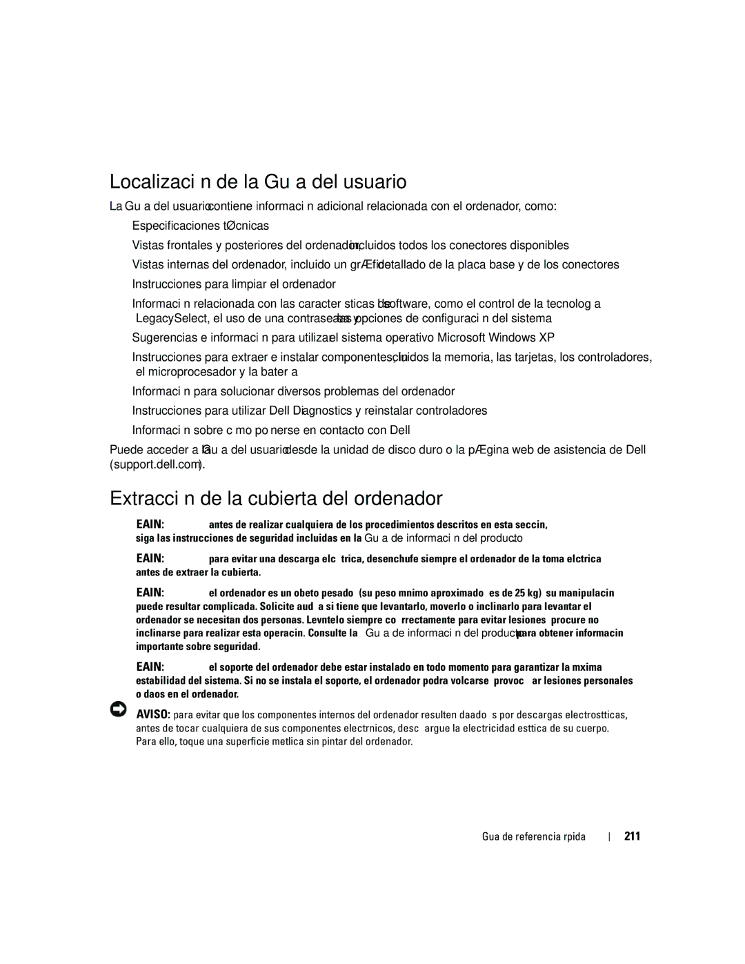 Dell 690 manual Localización de la Guía del usuario, Extracción de la cubierta del ordenador, 211 