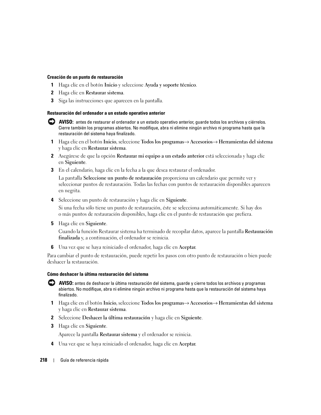 Dell 690 manual Creación de un punto de restauración, Restauración del ordenador a un estado operativo anterior, 218 