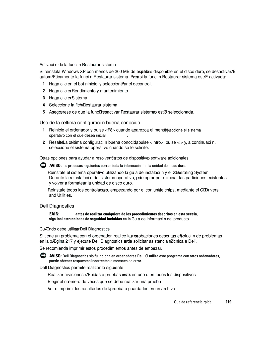 Dell 690 manual Uso de la última configuración buena conocida, Activación de la función Restaurar sistema, 219 