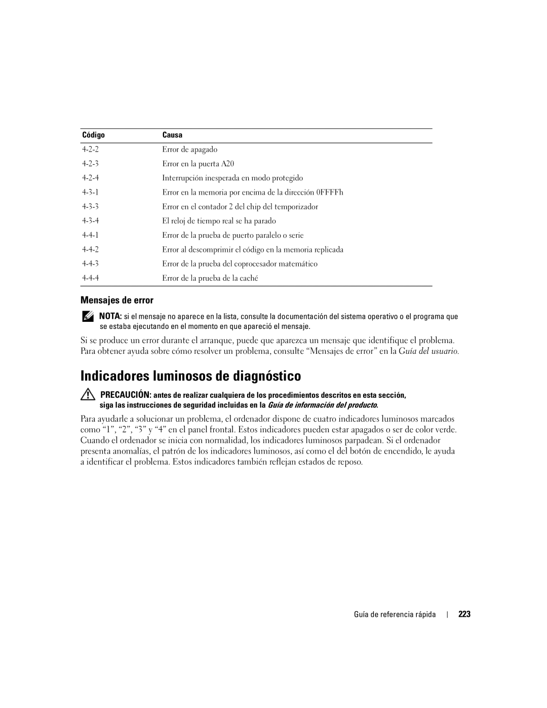 Dell 690 manual Indicadores luminosos de diagnóstico, Mensajes de error, 223 