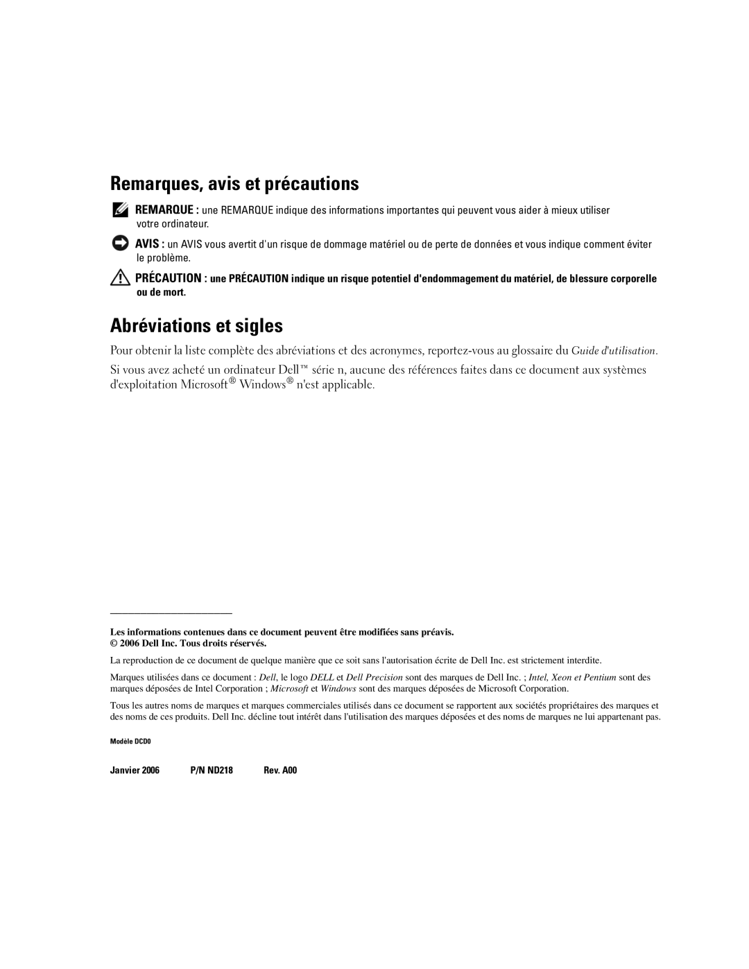 Dell 690 manual Remarques, avis et précautions, Abréviations et sigles 