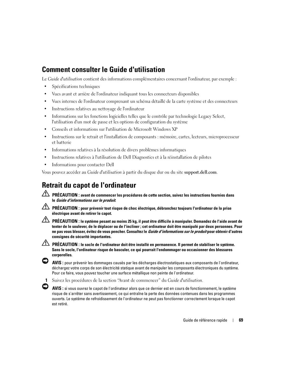 Dell 690 manual Comment consulter le Guide dutilisation, Retrait du capot de lordinateur 