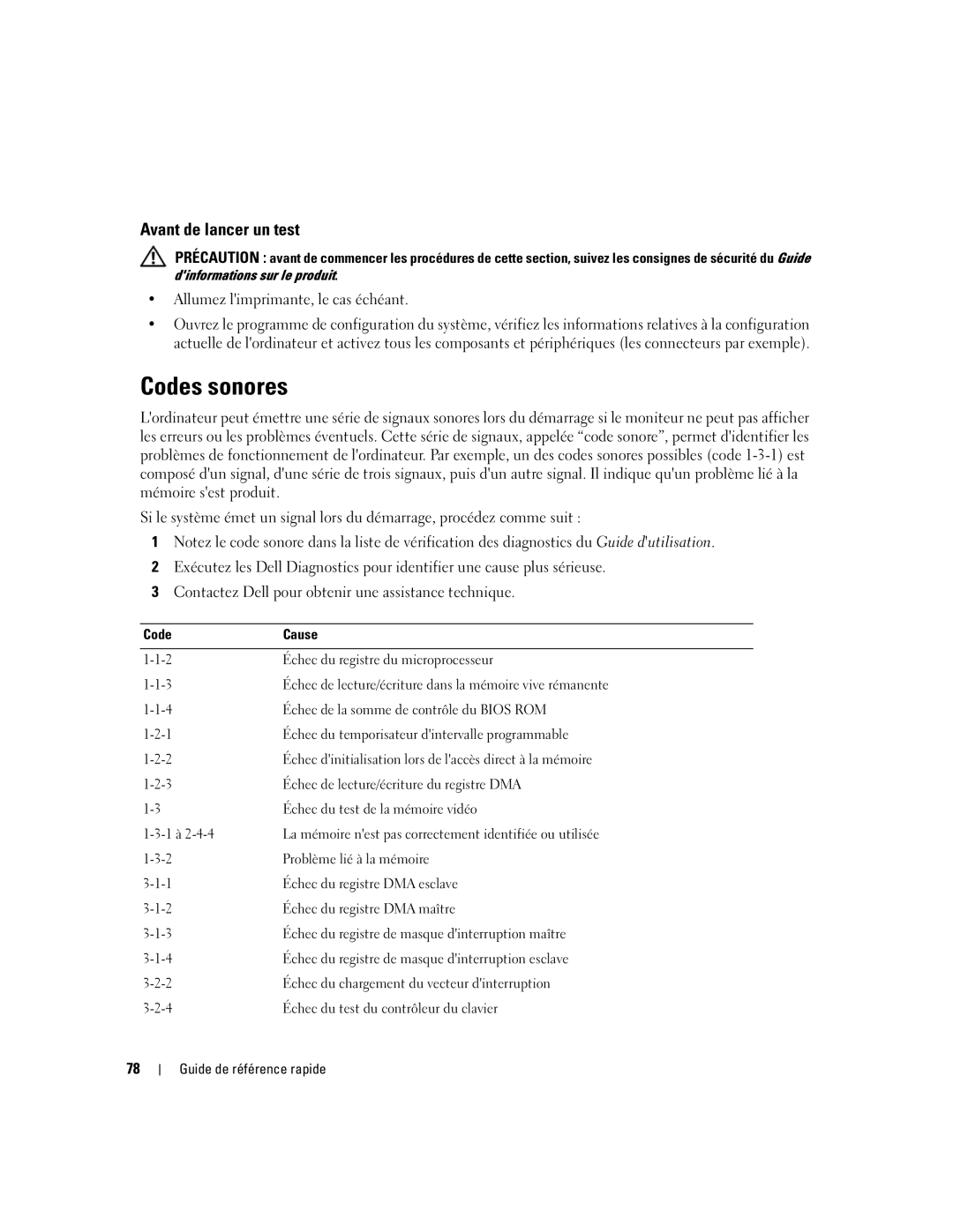 Dell 690 manual Codes sonores, Avant de lancer un test 