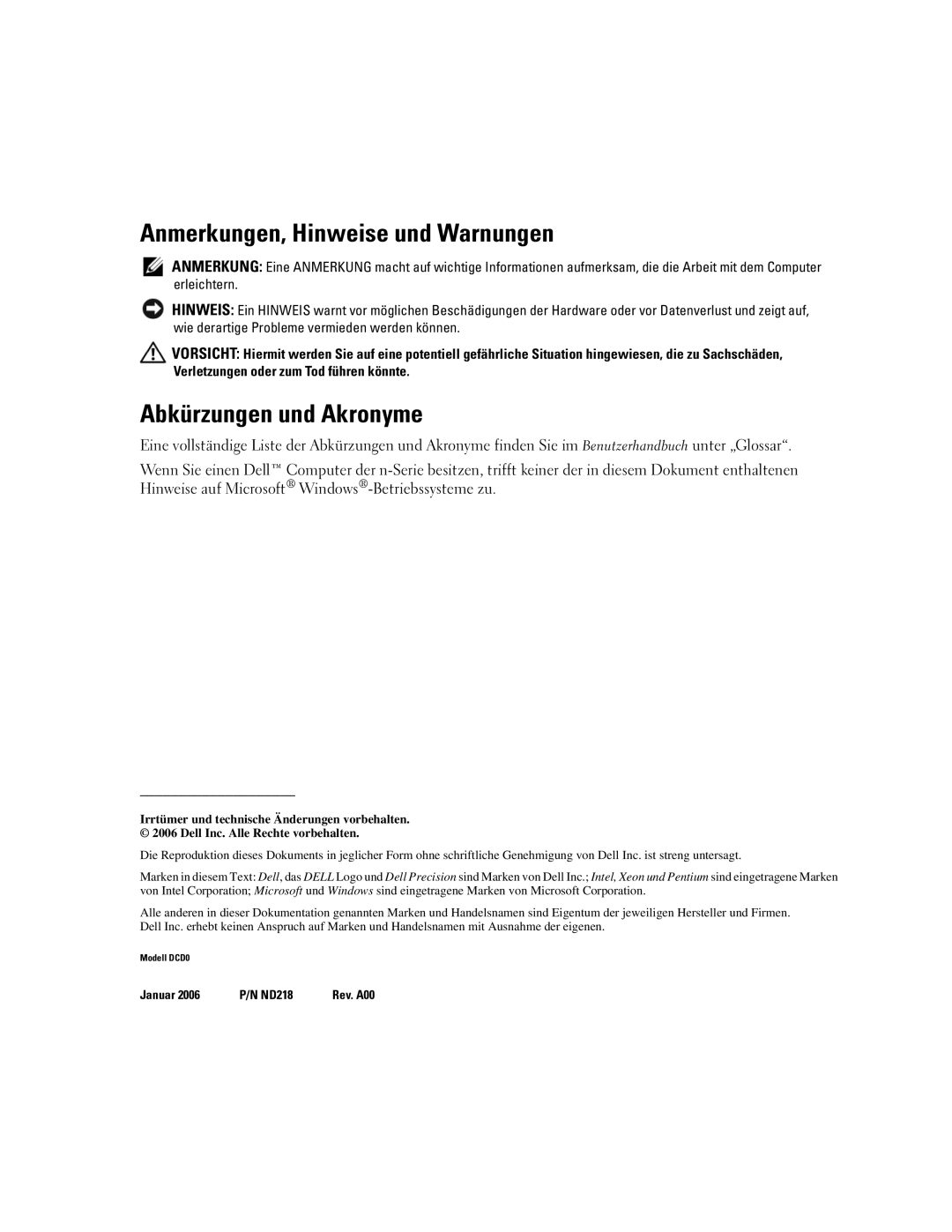 Dell 690 manual Anmerkungen, Hinweise und Warnungen, Abkürzungen und Akronyme 