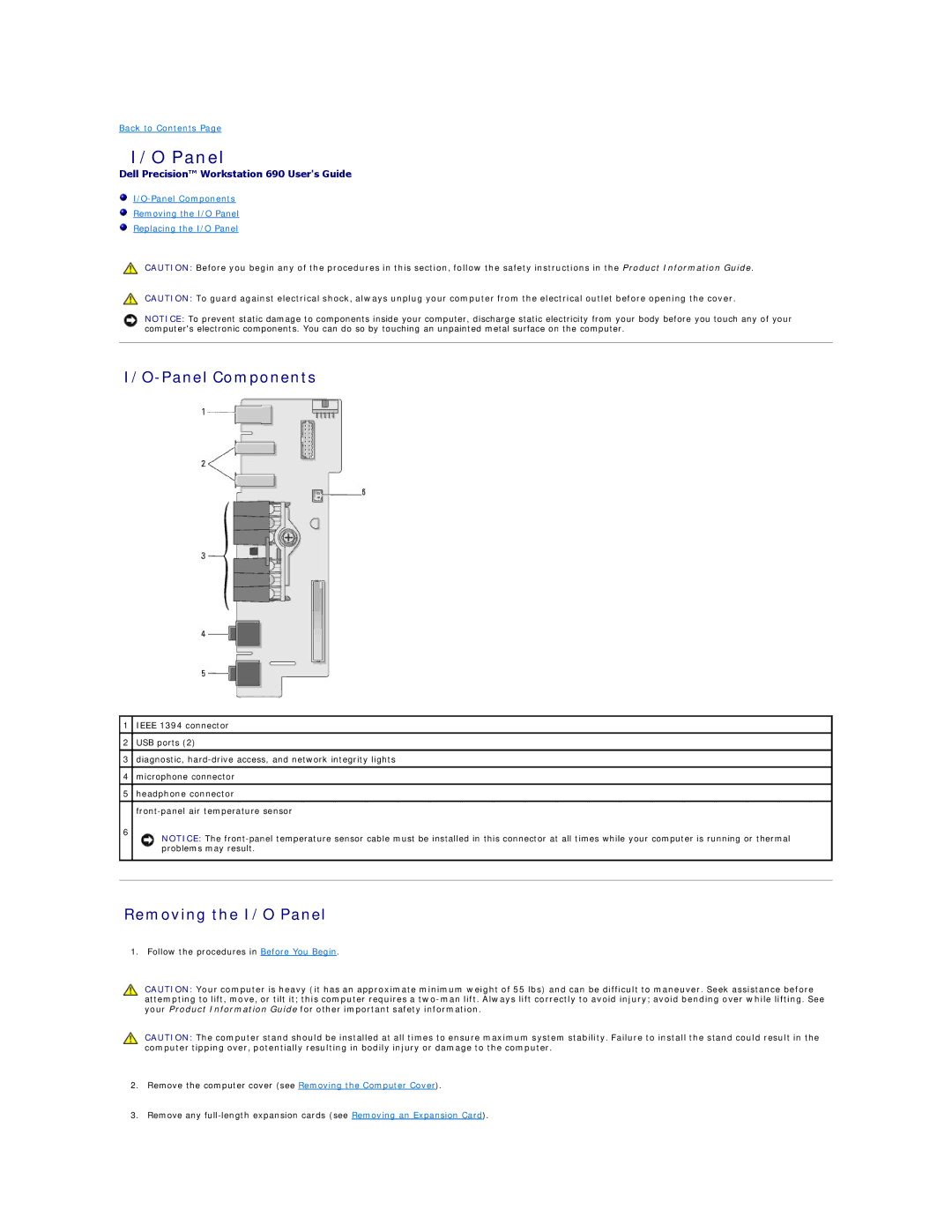 Dell 690 manual Panel Components, Removing the I/O Panel 