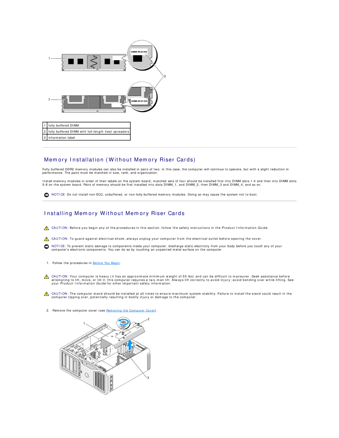 Dell 690 manual Memory Installation Without Memory Riser Cards, Installing Memory Without Memory Riser Cards 