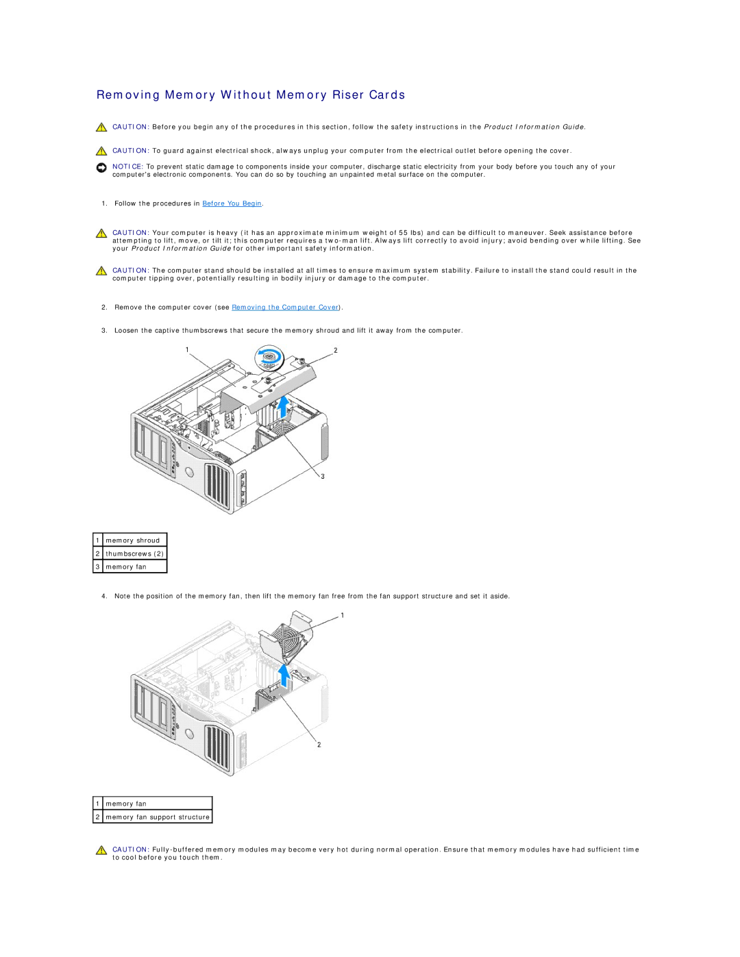 Dell 690 manual Removing Memory Without Memory Riser Cards 