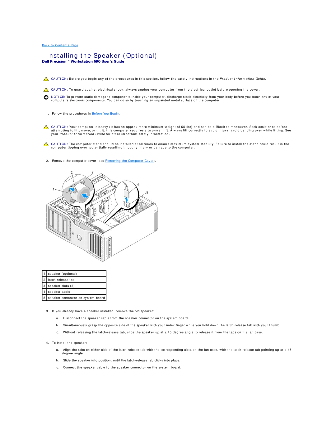 Dell 690 manual Installing the Speaker Optional 