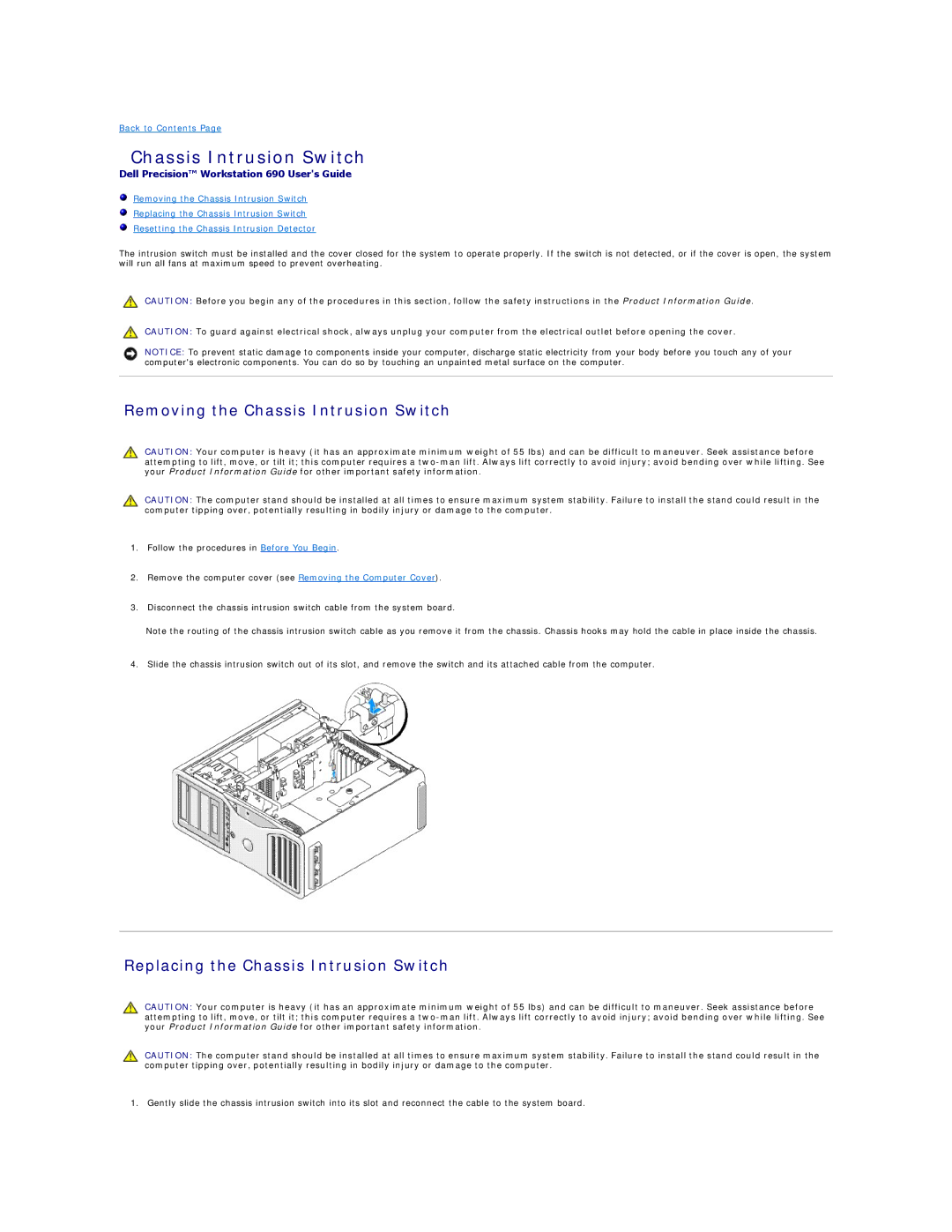 Dell 690 manual Removing the Chassis Intrusion Switch, Replacing the Chassis Intrusion Switch 