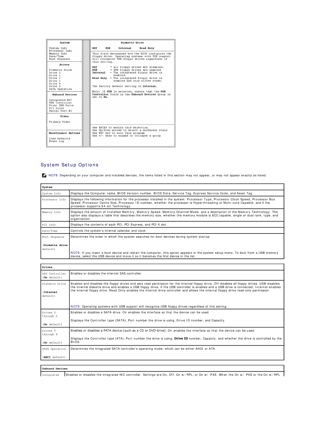 Dell 690 manual System Setup Options, Diskette drive 