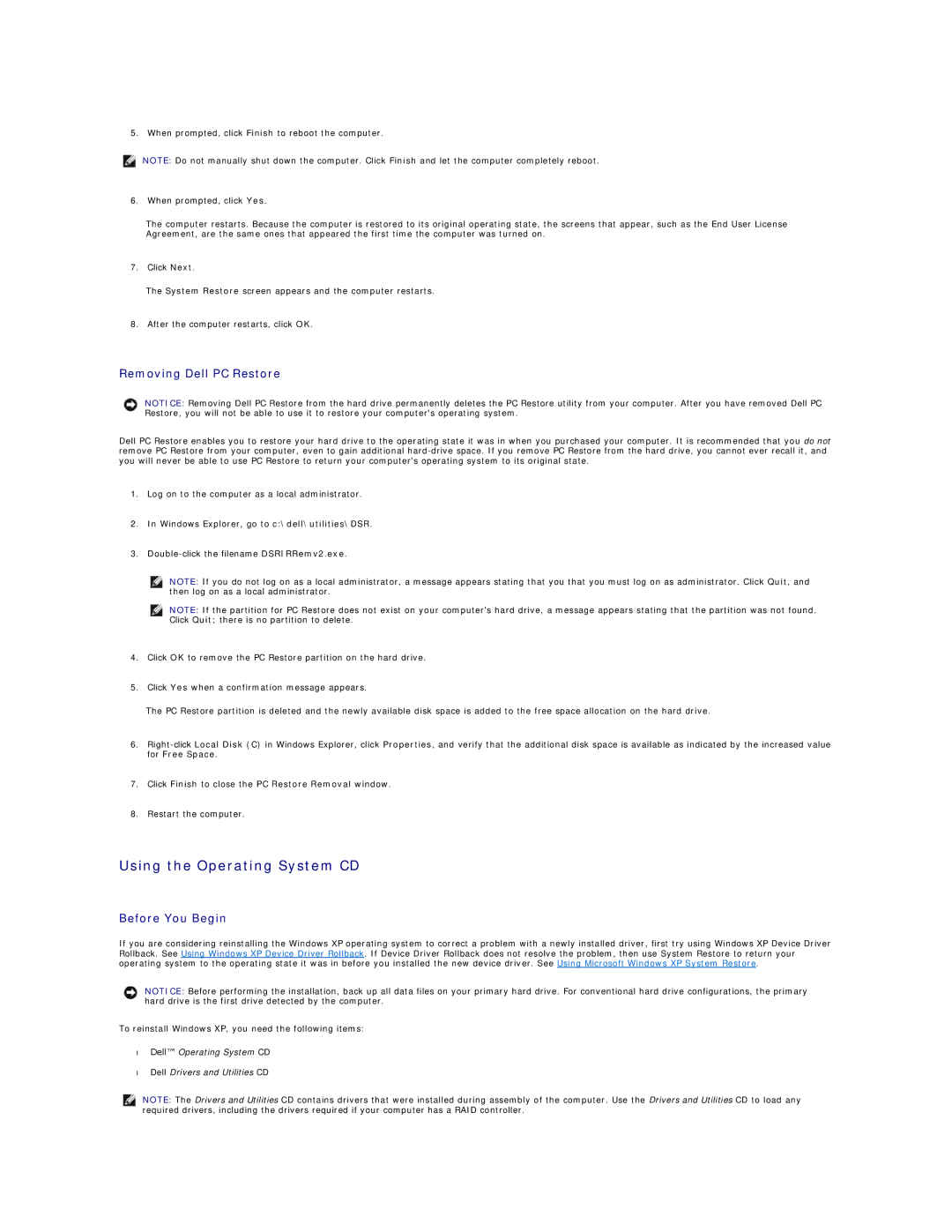 Dell 690 manual Using the Operating System CD, Removing Dell PC Restore, Before You Begin 